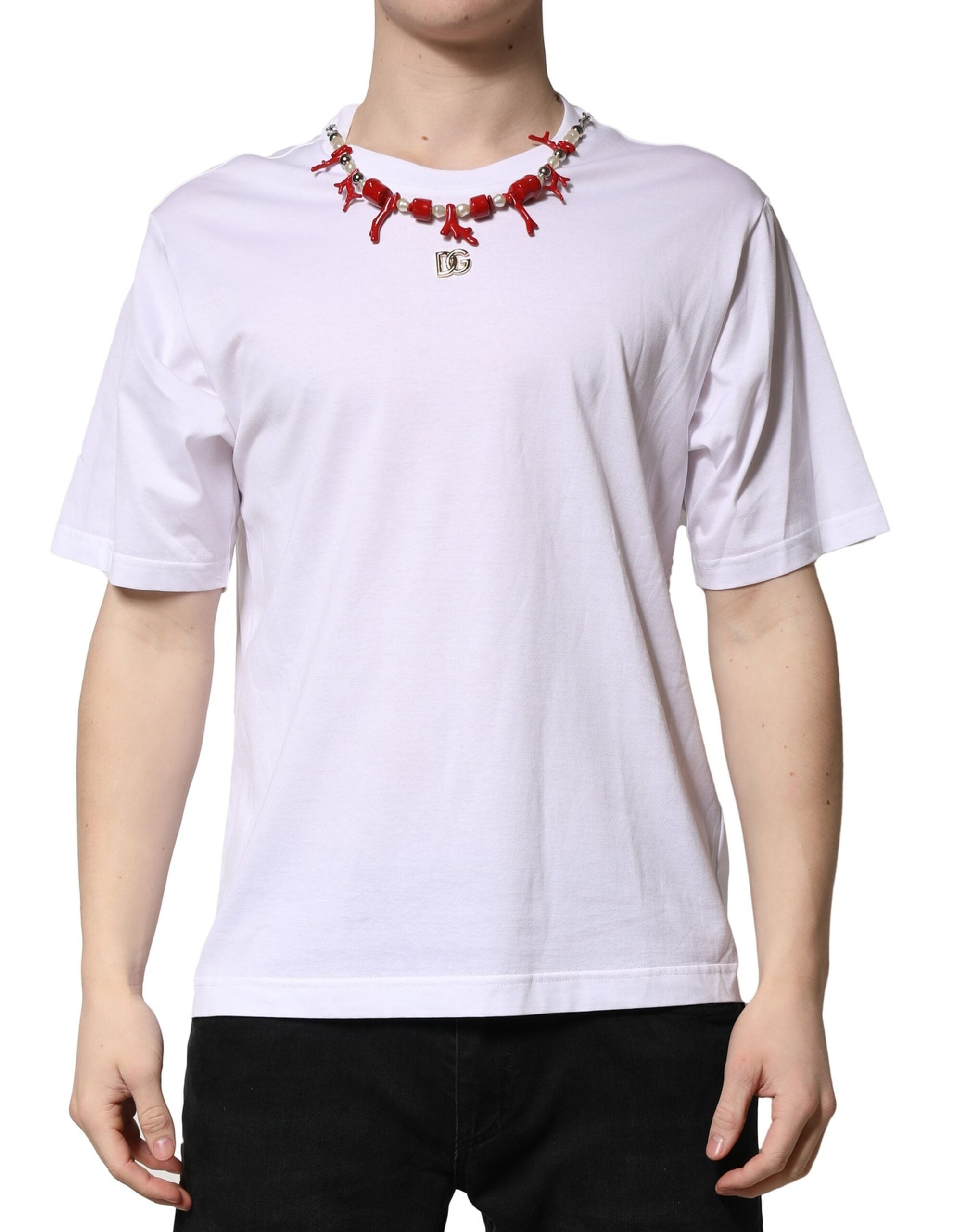 Dolce & Gabbana White Embellished Cotton Crew Neck T-shirt