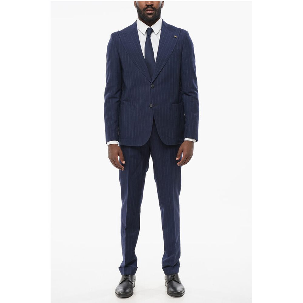Corneliani Striped Wool Blend Suit With Peak Lapel