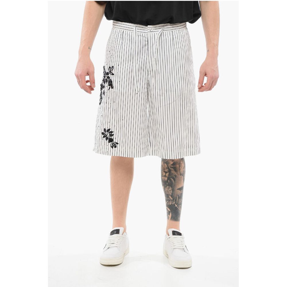 Dolce & Gabbana Pinstriped Cotton Shorts with Sequined Embroideries