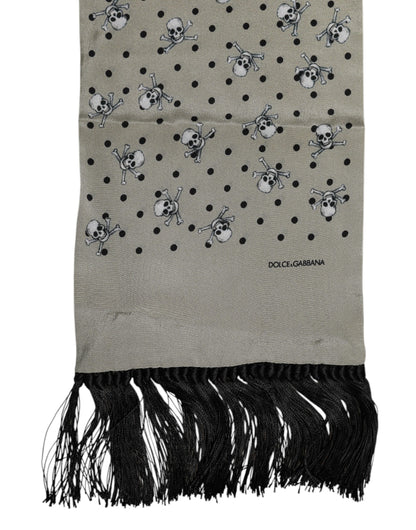 Dolce & Gabbana Gray Skulls Silk Fringes Men Foulard Scarf