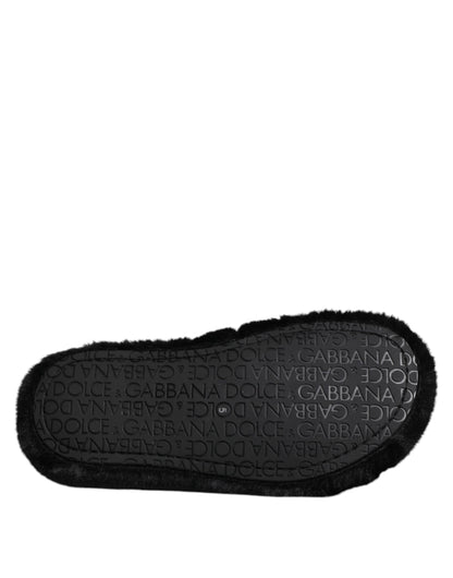 Dolce & Gabbana Black Polyester Velvet Slides Slipper Shoes
