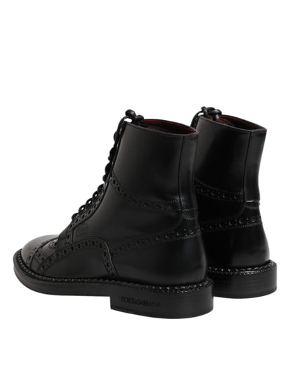 Dolce & Gabbana Black Leather Lace Up Mid Calf Boots Shoes