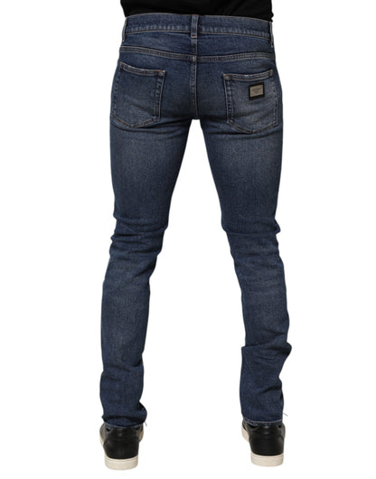 Dolce & Gabbana Blue Cotton Logo Plaque Skinny Men Denim Jeans