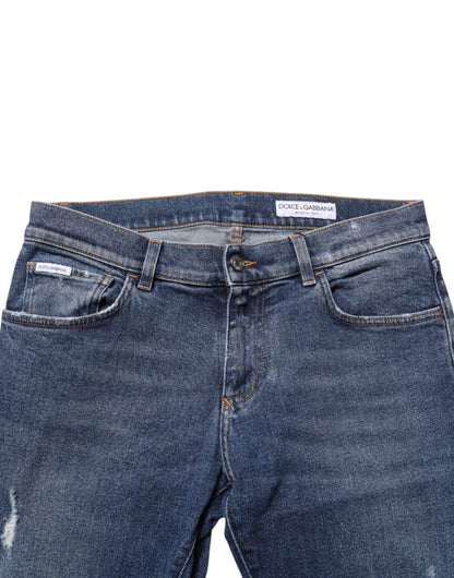 Dolce & Gabbana Blue Cotton Logo Plaque Skinny Men Denim Jeans