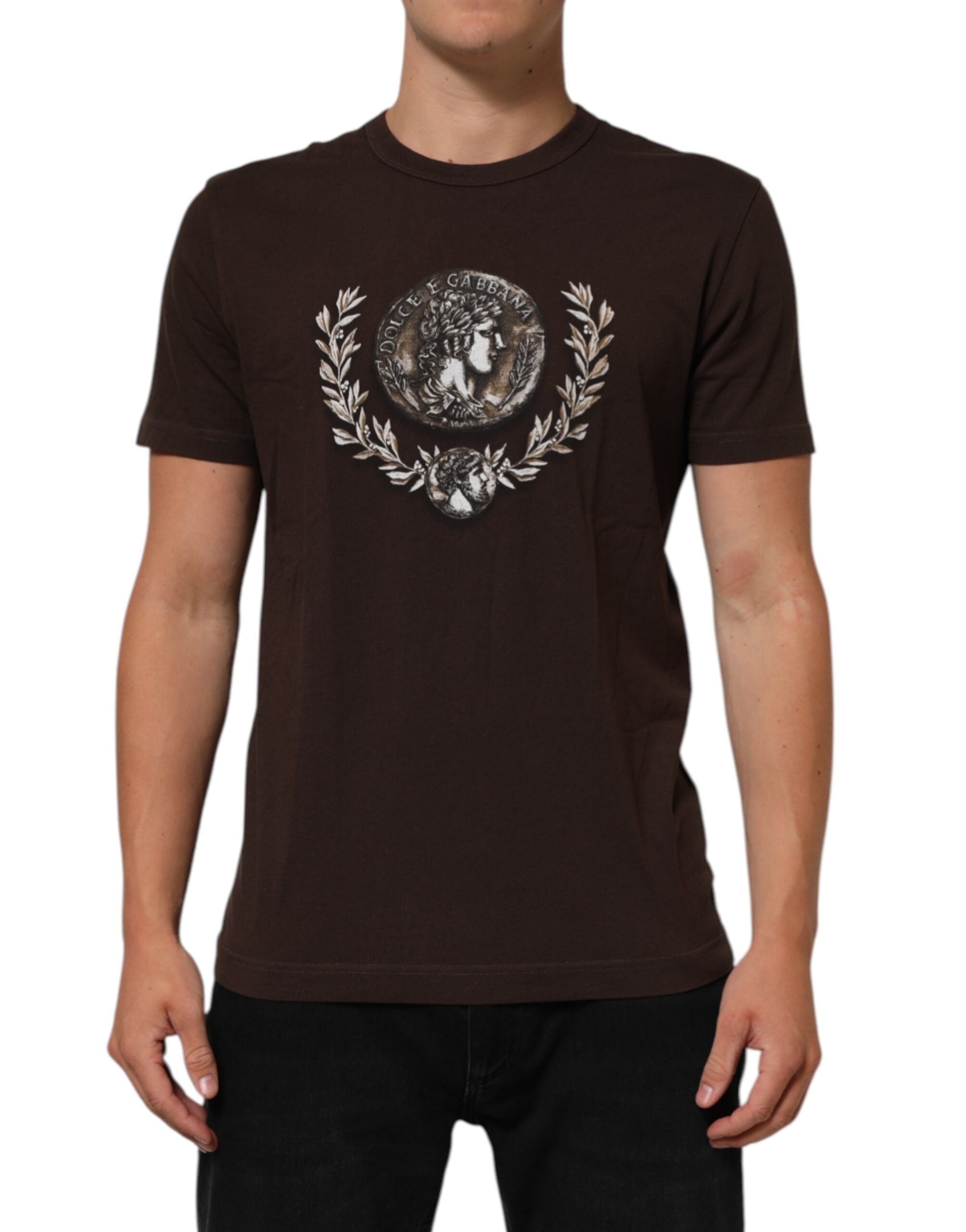 Dolce & Gabbana Brown Coin Laurel Print Men Crew Neck T-shirt
