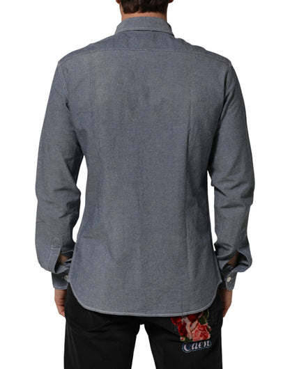 AGLINI Blue Denim Regular Fit Collared Long Sleeve Casual Shirt