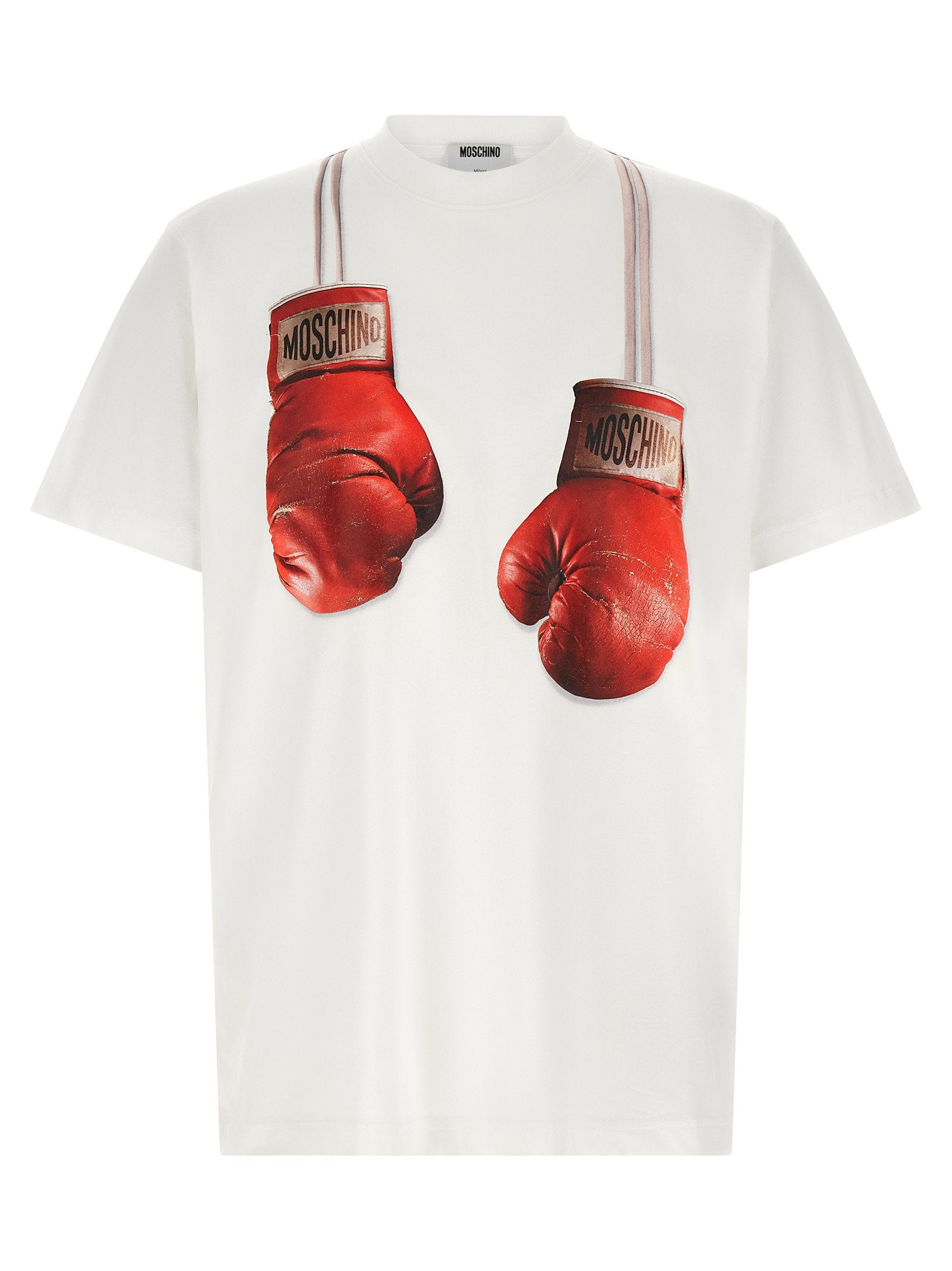 Moschino T-shirt in wit met trompe-l'œil bokshandschoenprint, vooraanzicht