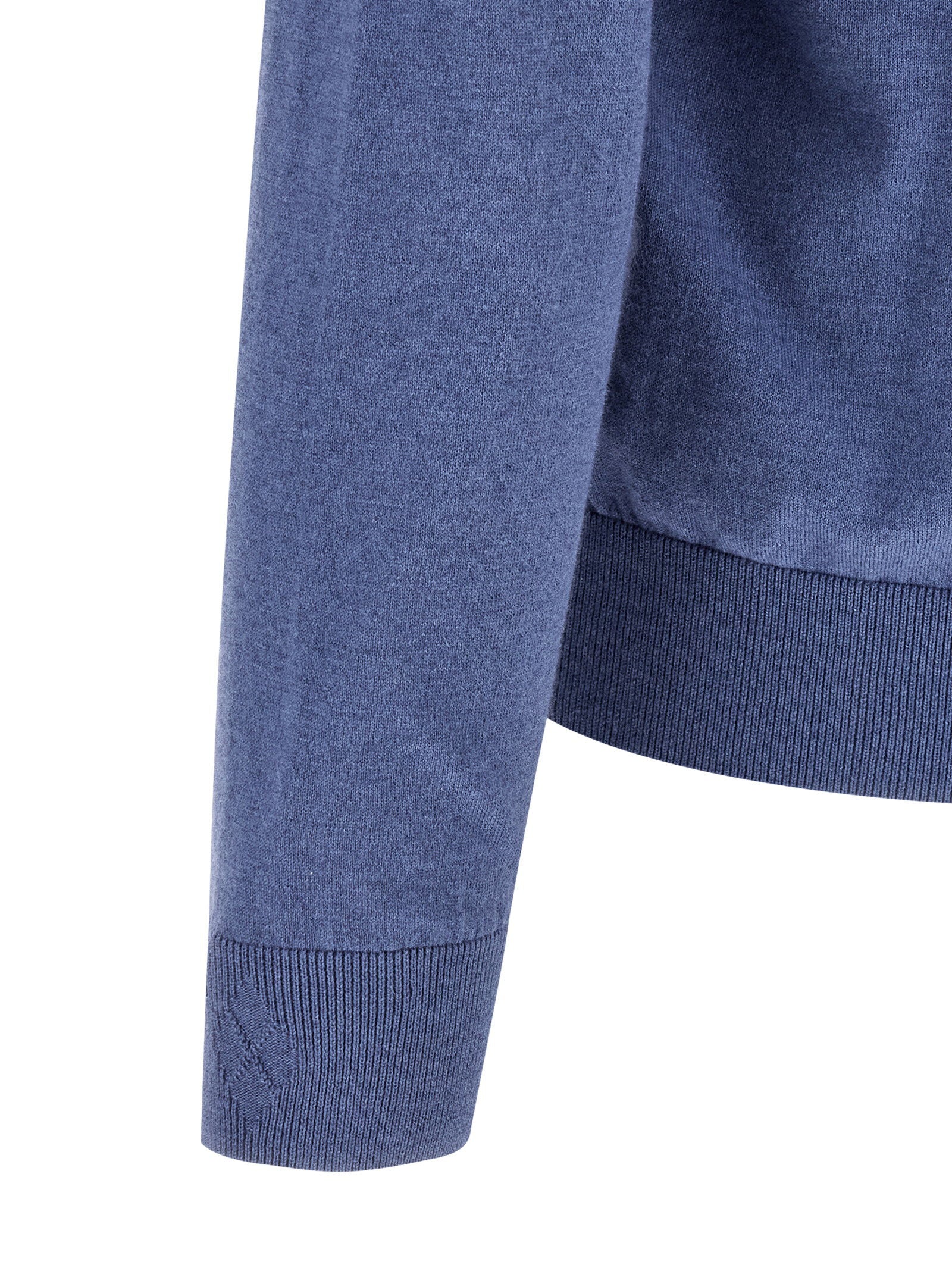 Ballantyne cardigan argyle blauw - detail manchet met tone-on-tone ruitmotief