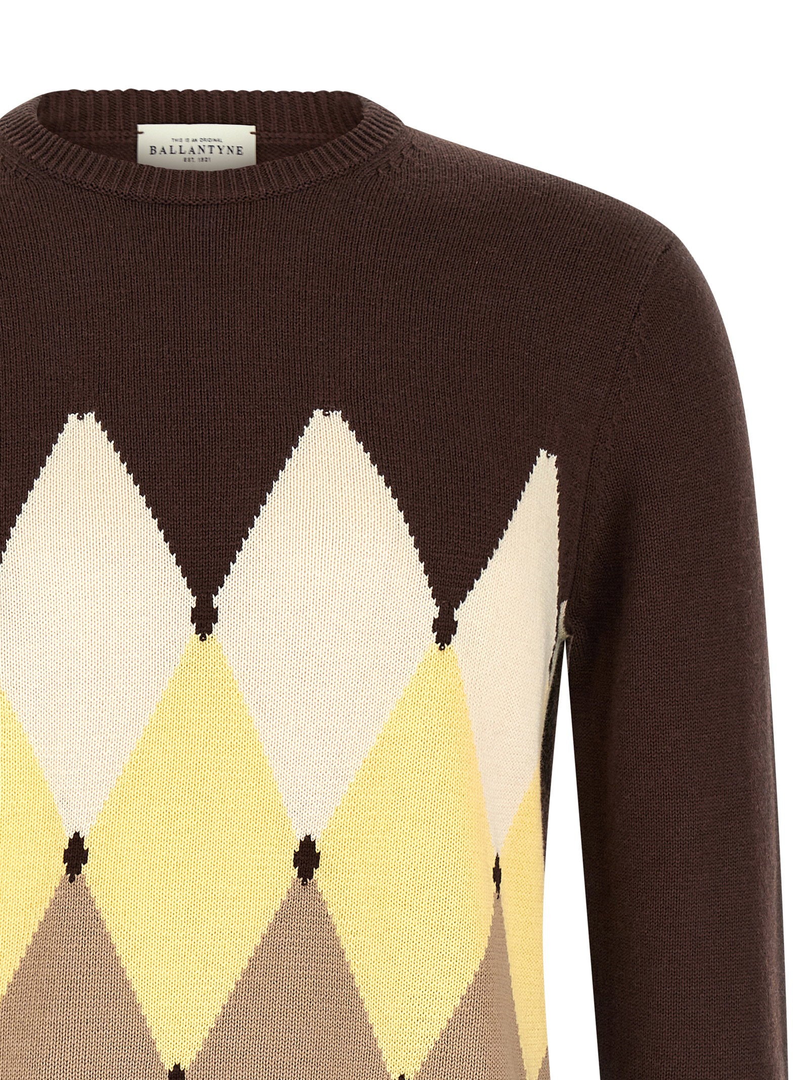 Ballantyne Argyle trui detail van beige geel en crème jacquard