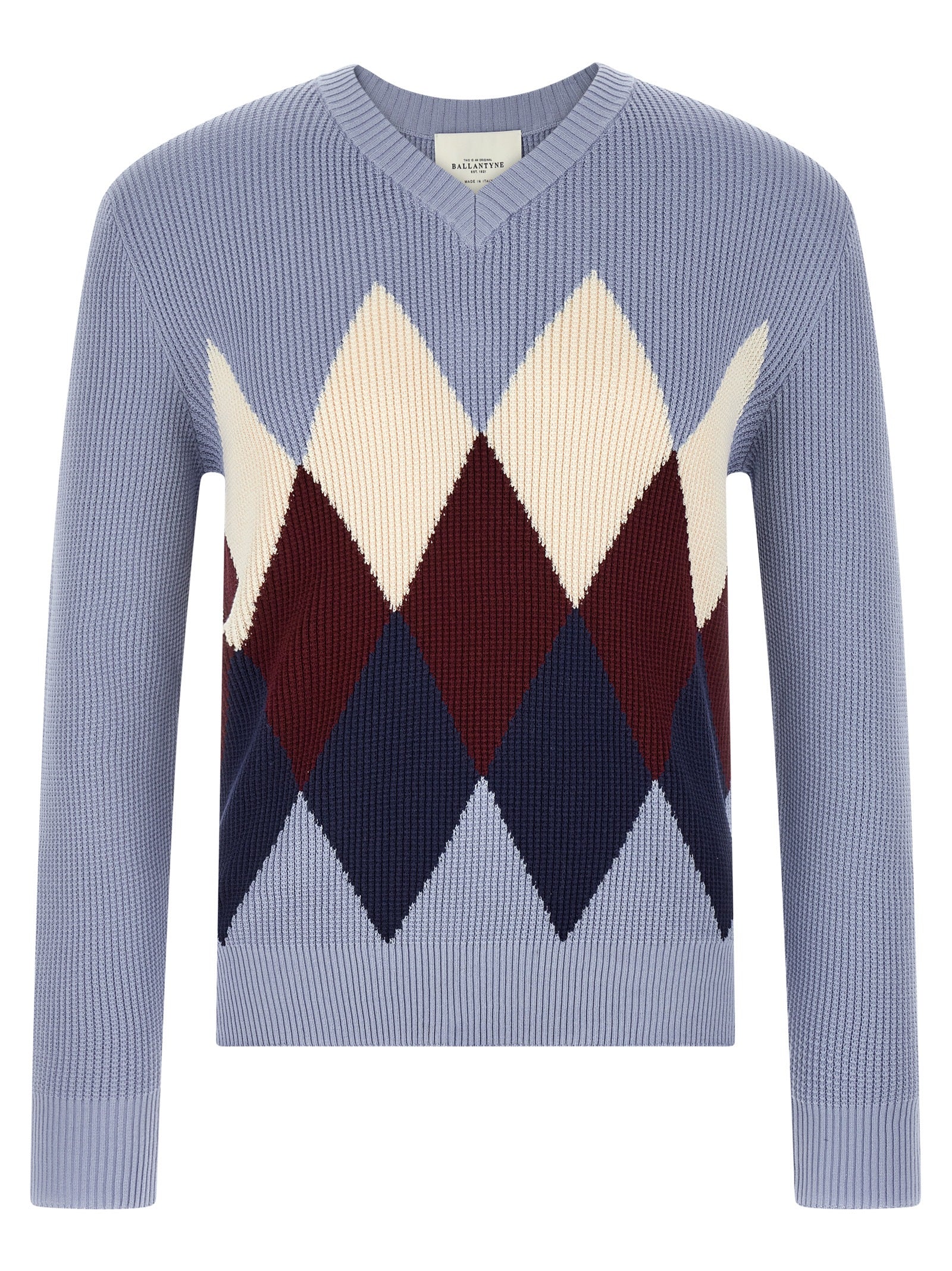 Ballantyne Argyle Waffle Stitch Cotton Cashmere Sweater Blue
