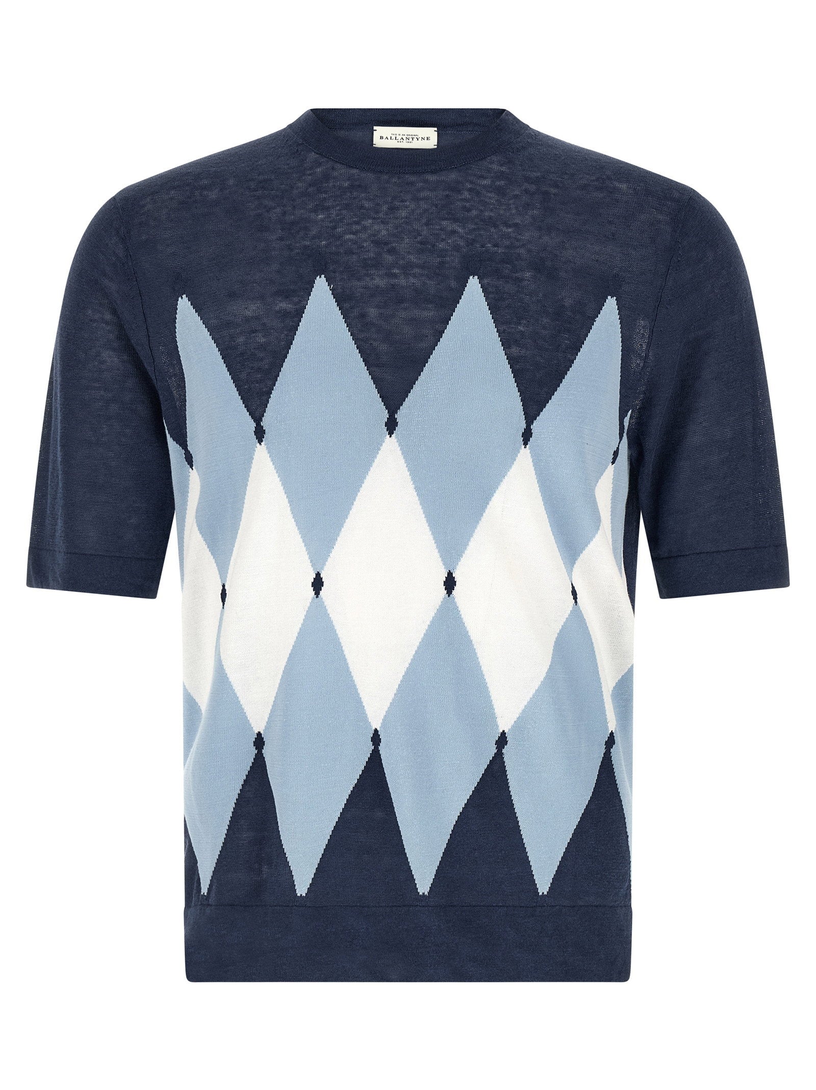 Ballantyne Argyle T-shirt blauw, vooraanzicht met jacquardpatroon