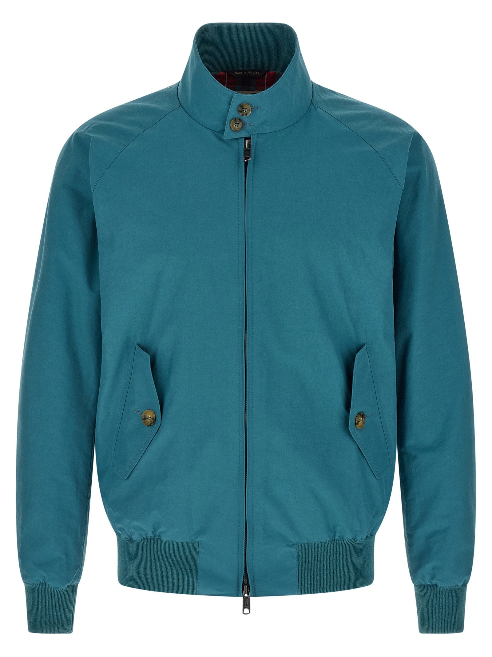 Baracuta G9 Harrington jack in blauw, volledig vooraanzicht met opstaande boord en doorlopende rits