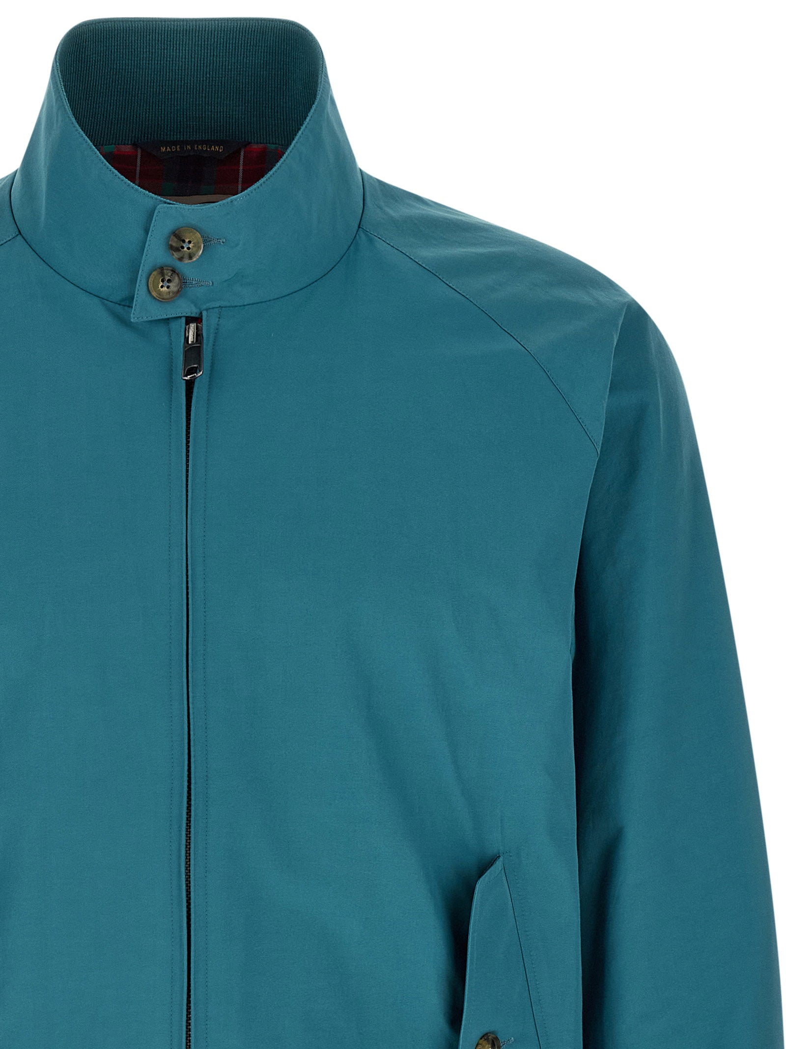 Baracuta G9 Harrington jack in blauw, achteraanzicht met het kenmerkende umbrella-rugpand