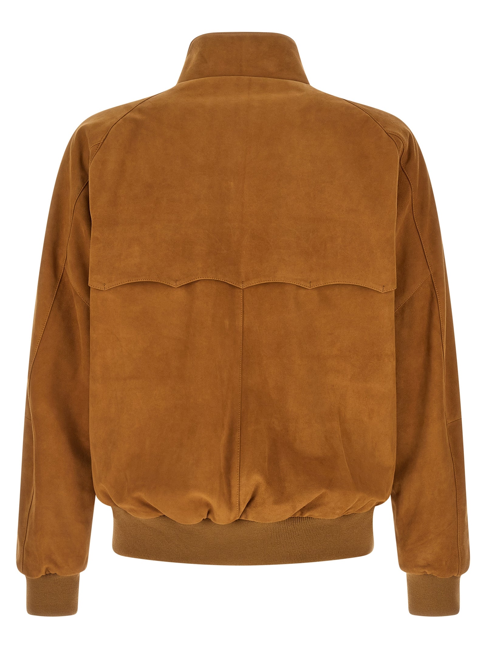 Achterkant van het Baracuta G9 suède jack met de umbrella back yoke en geribde tailleband