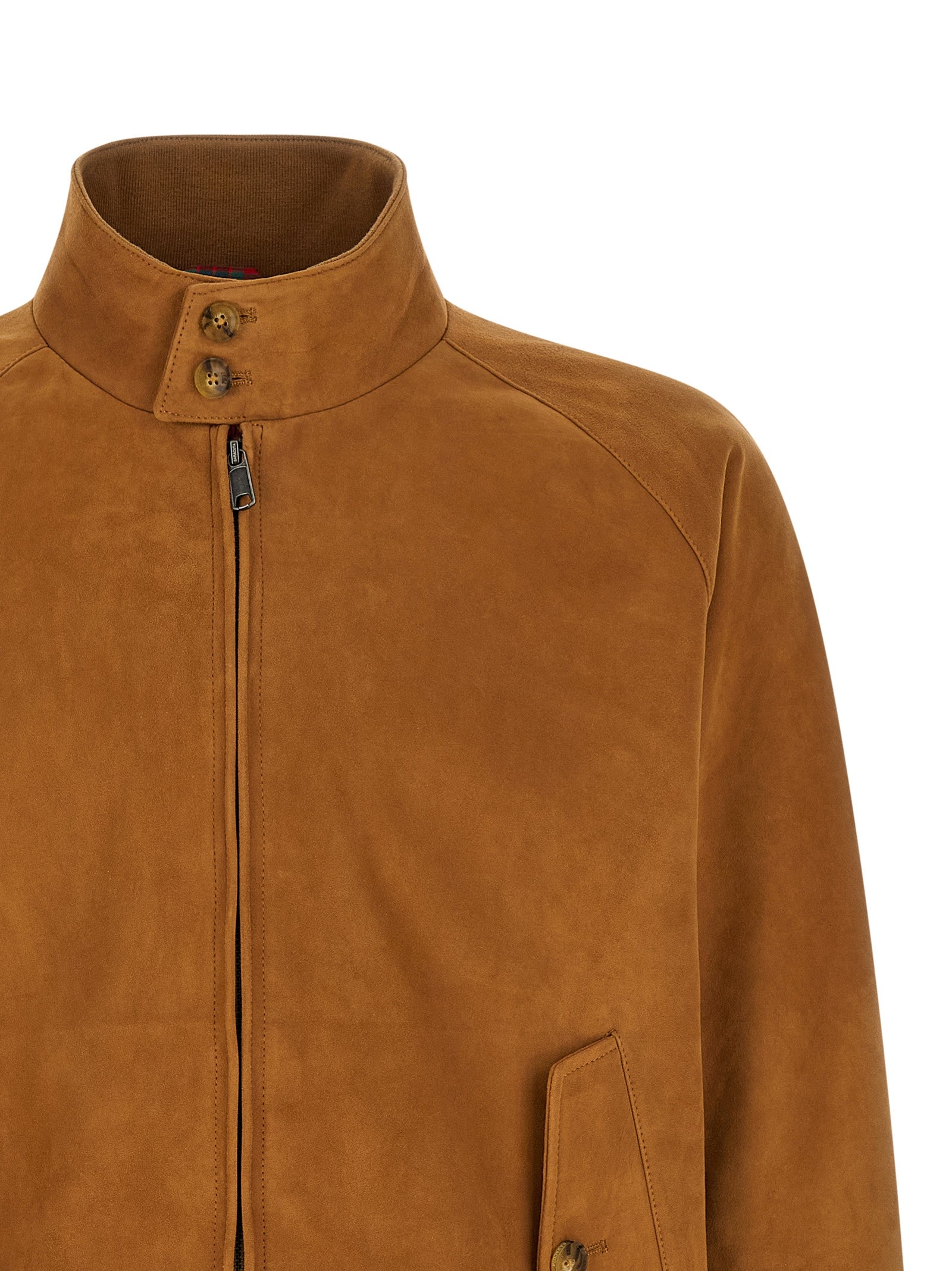 Detail van de dog-ear kraag met twee knopen op het Baracuta G9 suède jack