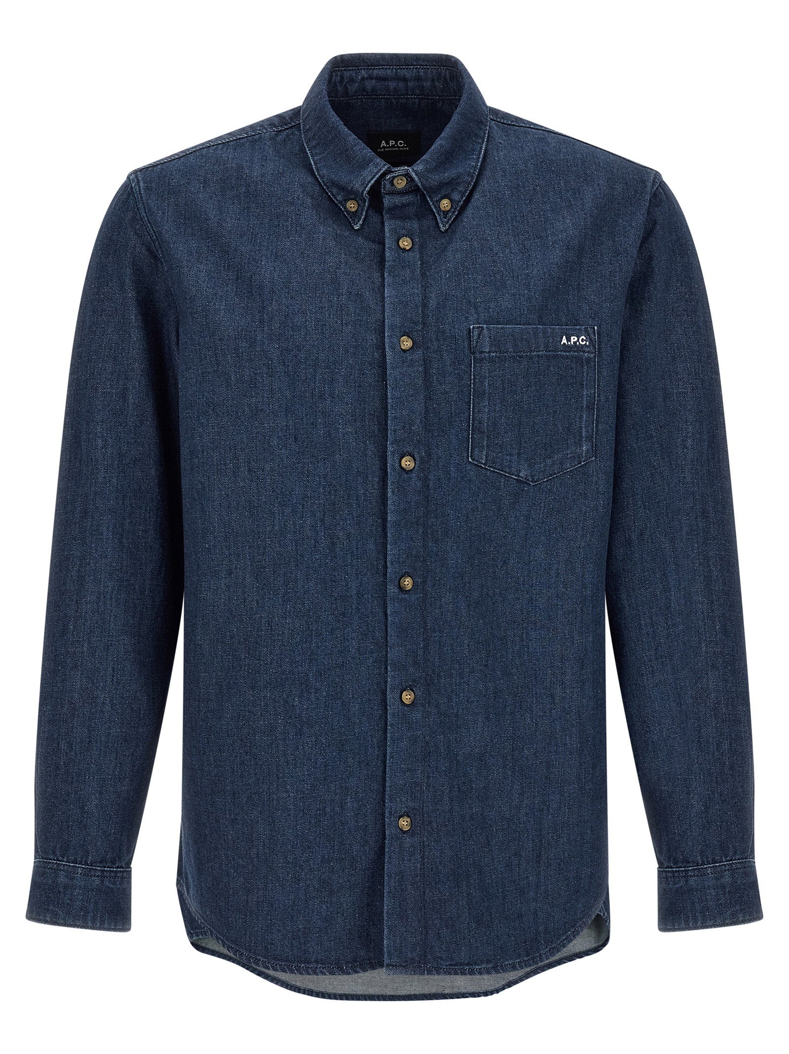 A.P.C. New Greg oxford overhemd indigo, vooraanzicht met button-down kraag