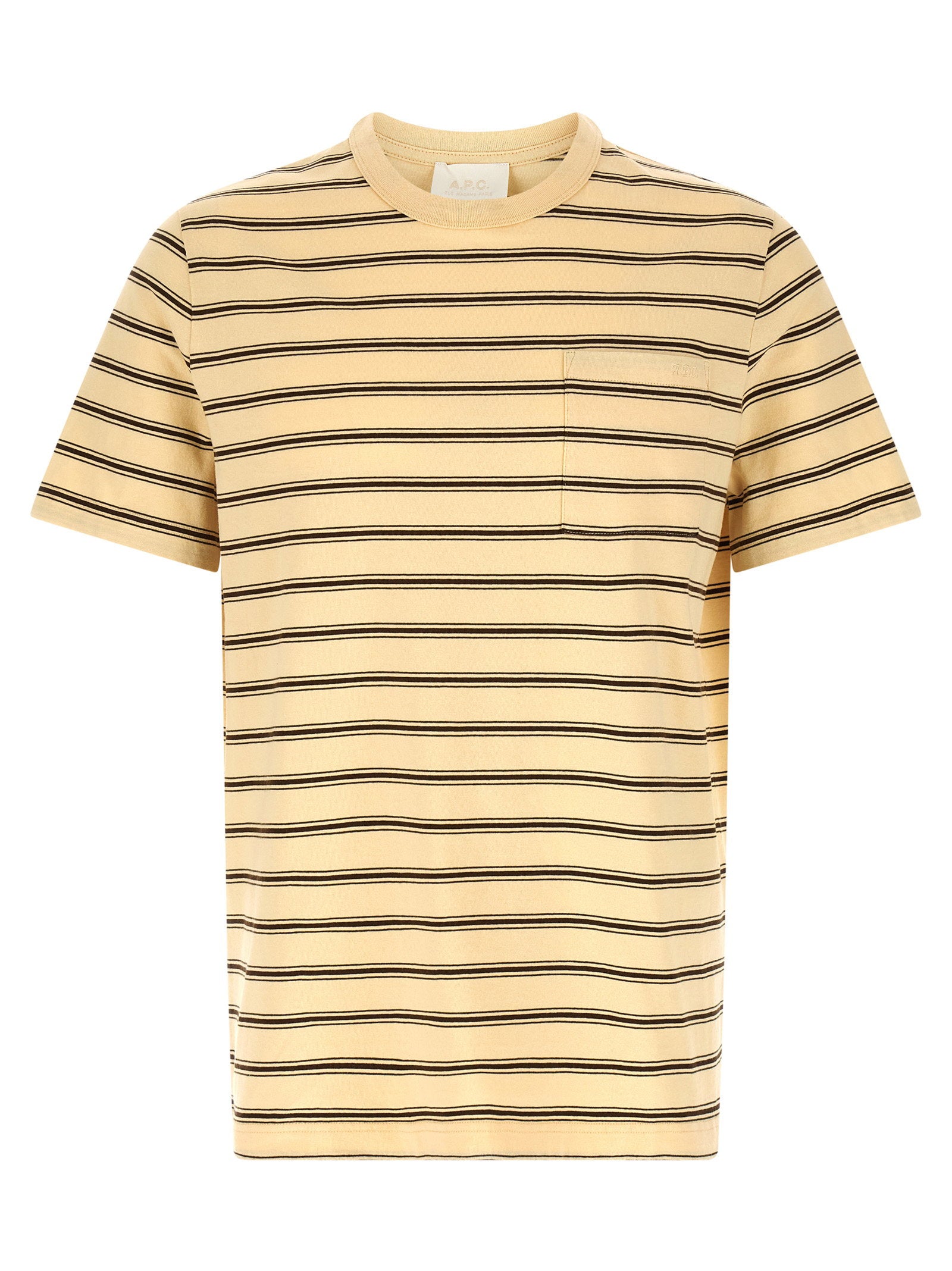 A.P.C. gestreept T-shirt in ecru, vooraanzicht met borstzakje