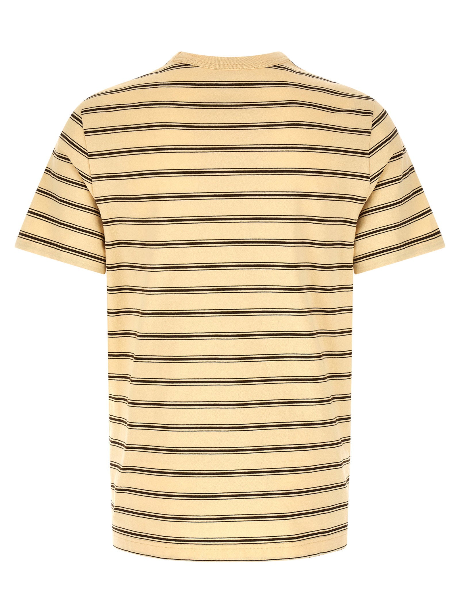 A.P.C. gestreept T-shirt, close-up van het borstzakje met tone-on-tone geborduurd logo
