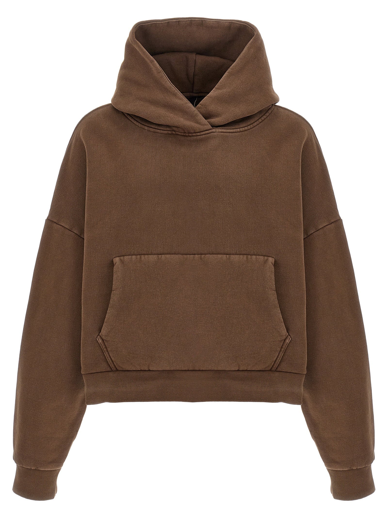 Entire Studios Cropped Hoodie bruin, vooraanzicht met kangoeroezak