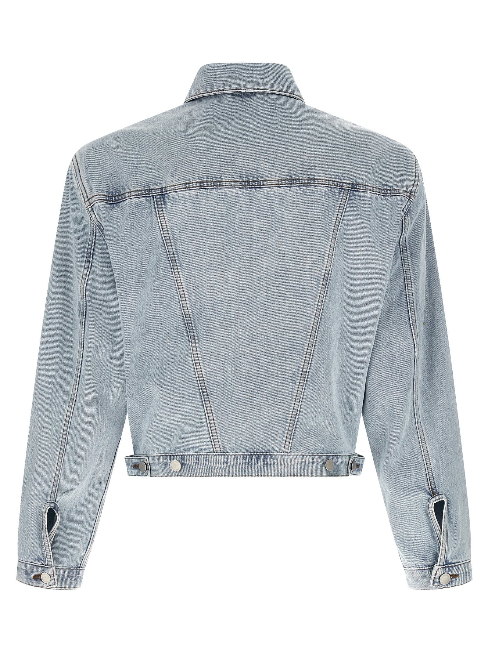 Entire Studios Shrunken Denim jack lichtblauw, close-up van de knoopsluiting en overhemdkraag