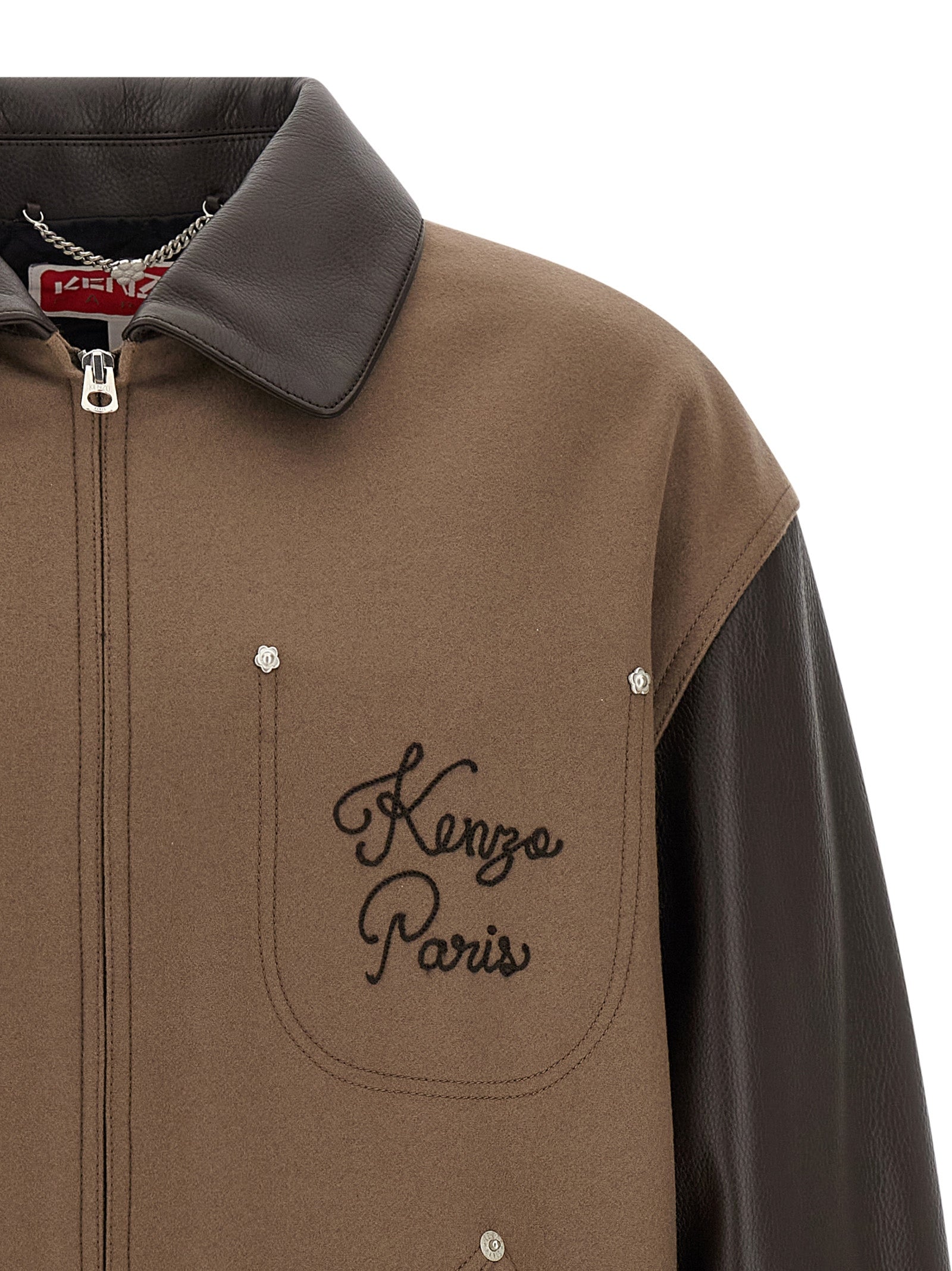 Kenzo KENZO Paris Chainstitch Genderless Blouson in Wool and Leather Brown-thumbmail-3