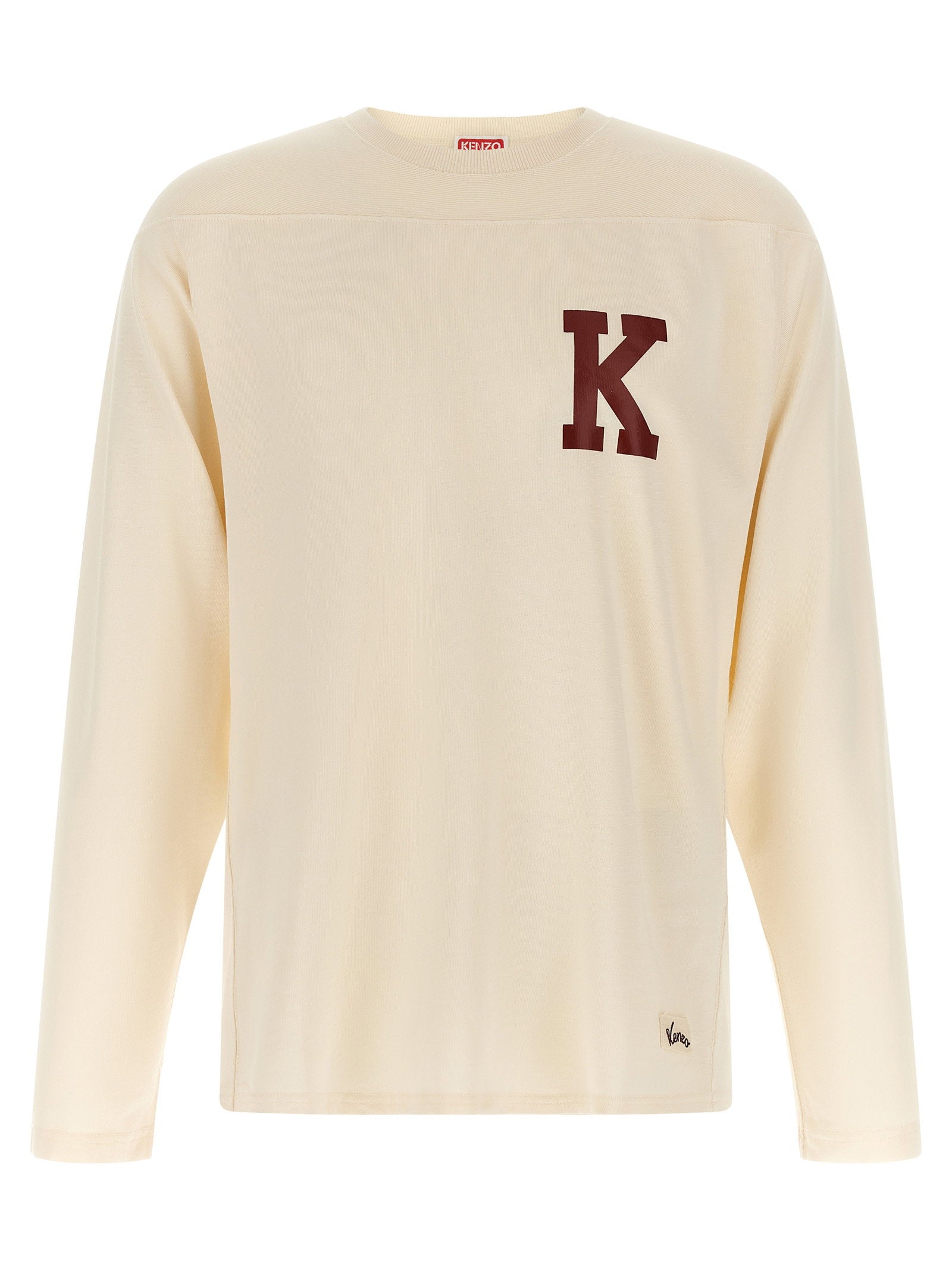 Kenzo Varsity T-shirt lange mouw ecru, vooraanzicht met bordeauxrode K-letter