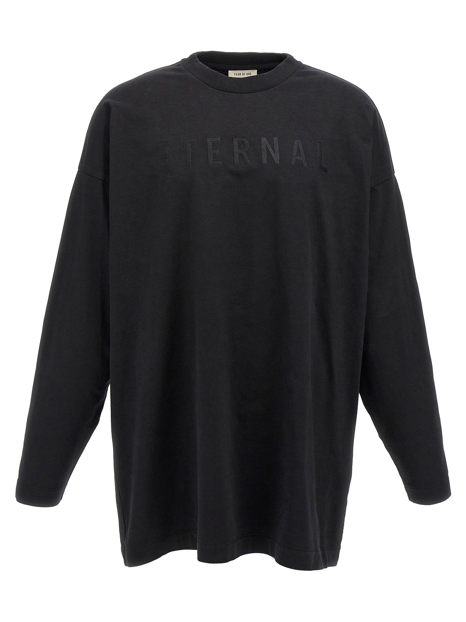 Zwarte Fear of God longsleeve met tonale ETERNAL-letters op de borst