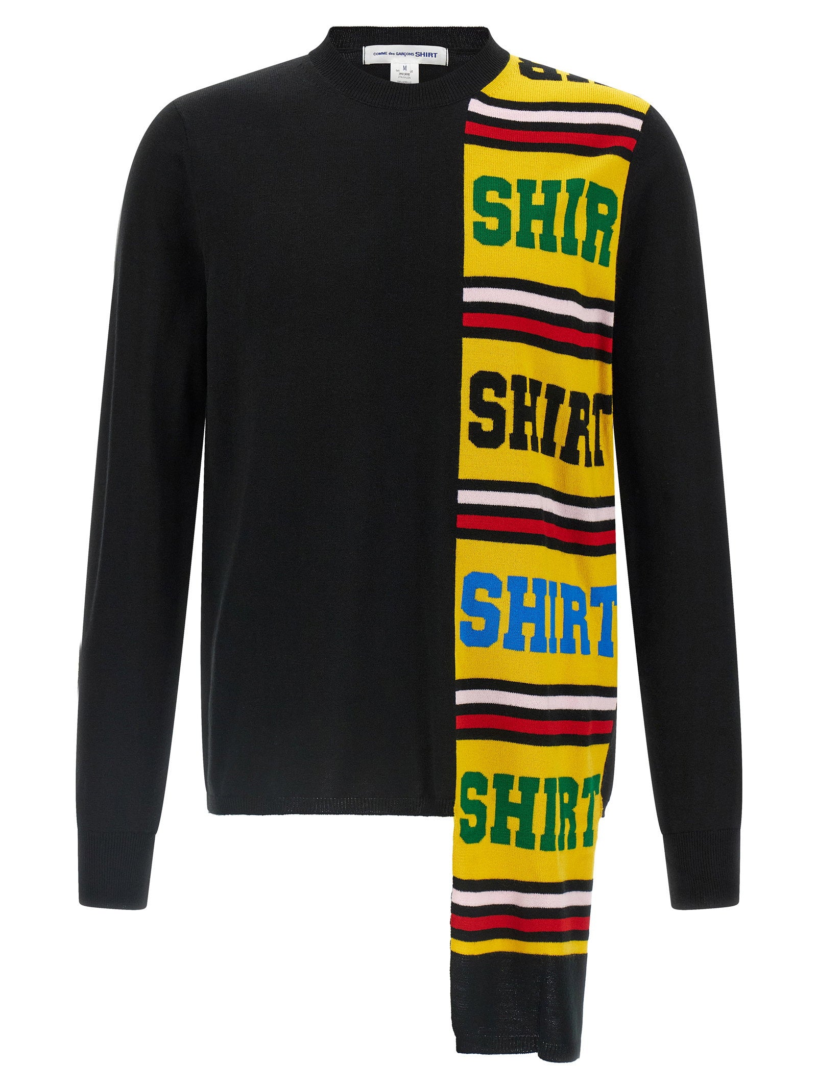 Comme des Garçons Shirt Intarsia Trui Zwart, vooraanzicht met intarsia-motief op de borst
