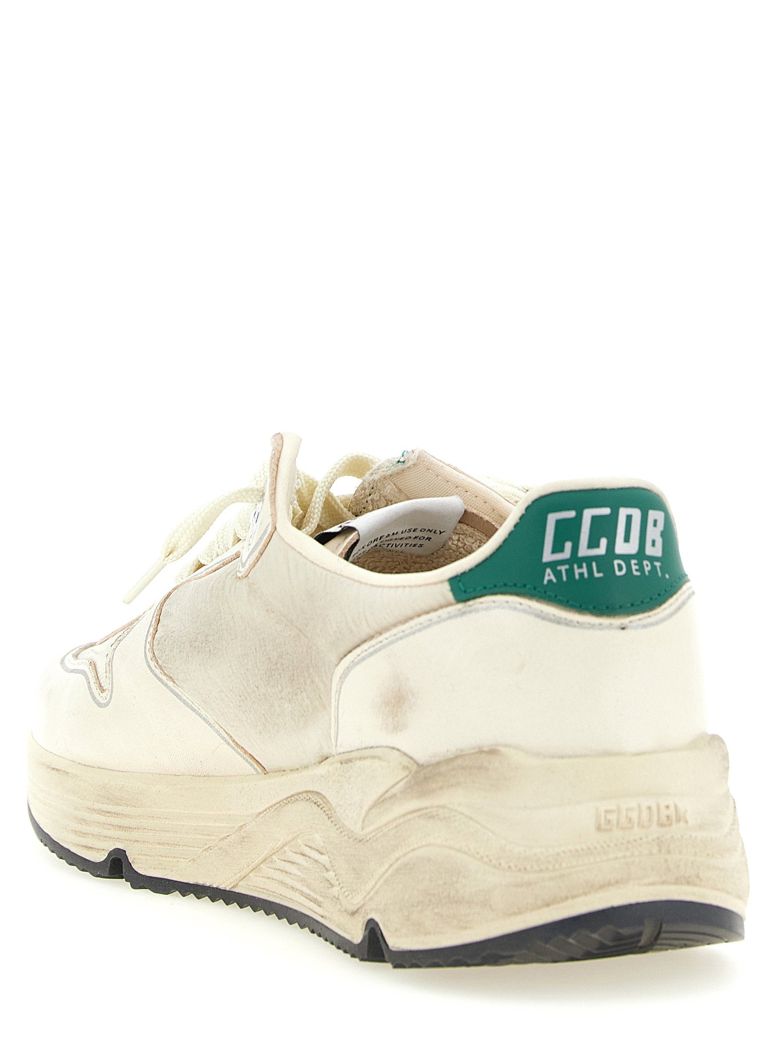 Golden Goose Running Sole sneakers crème, detail van het groene hielstuk met GGDB-logo