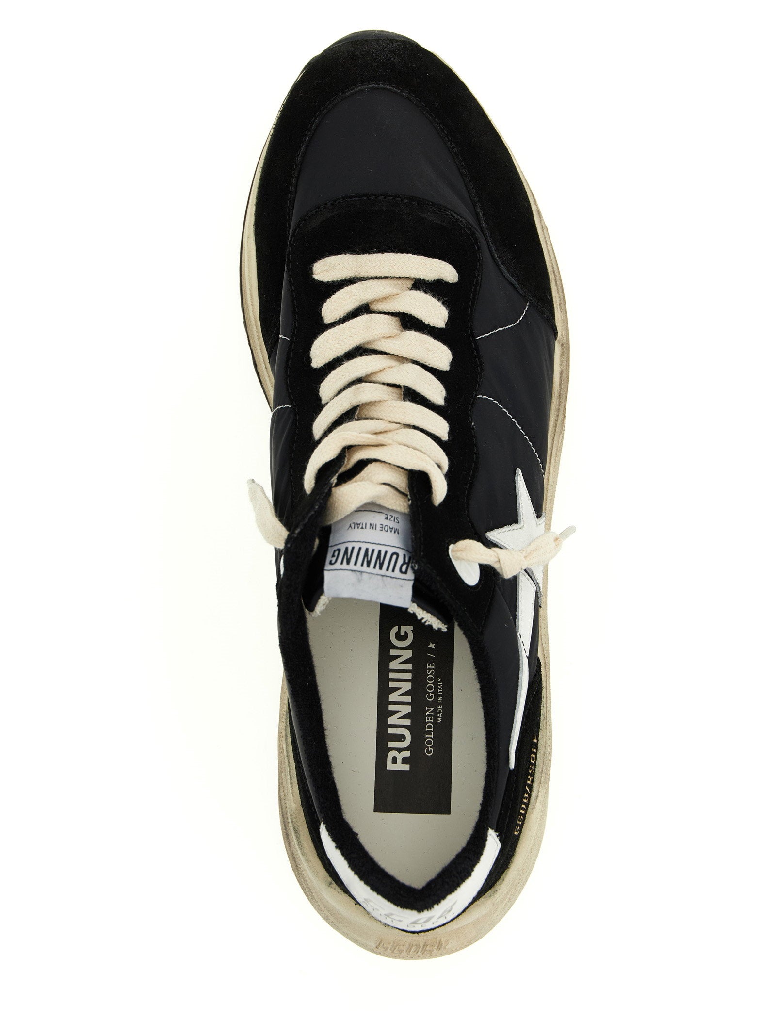 Golden Goose Running Sole sneakers wit-zwart, close-up van de used-effect afwerking