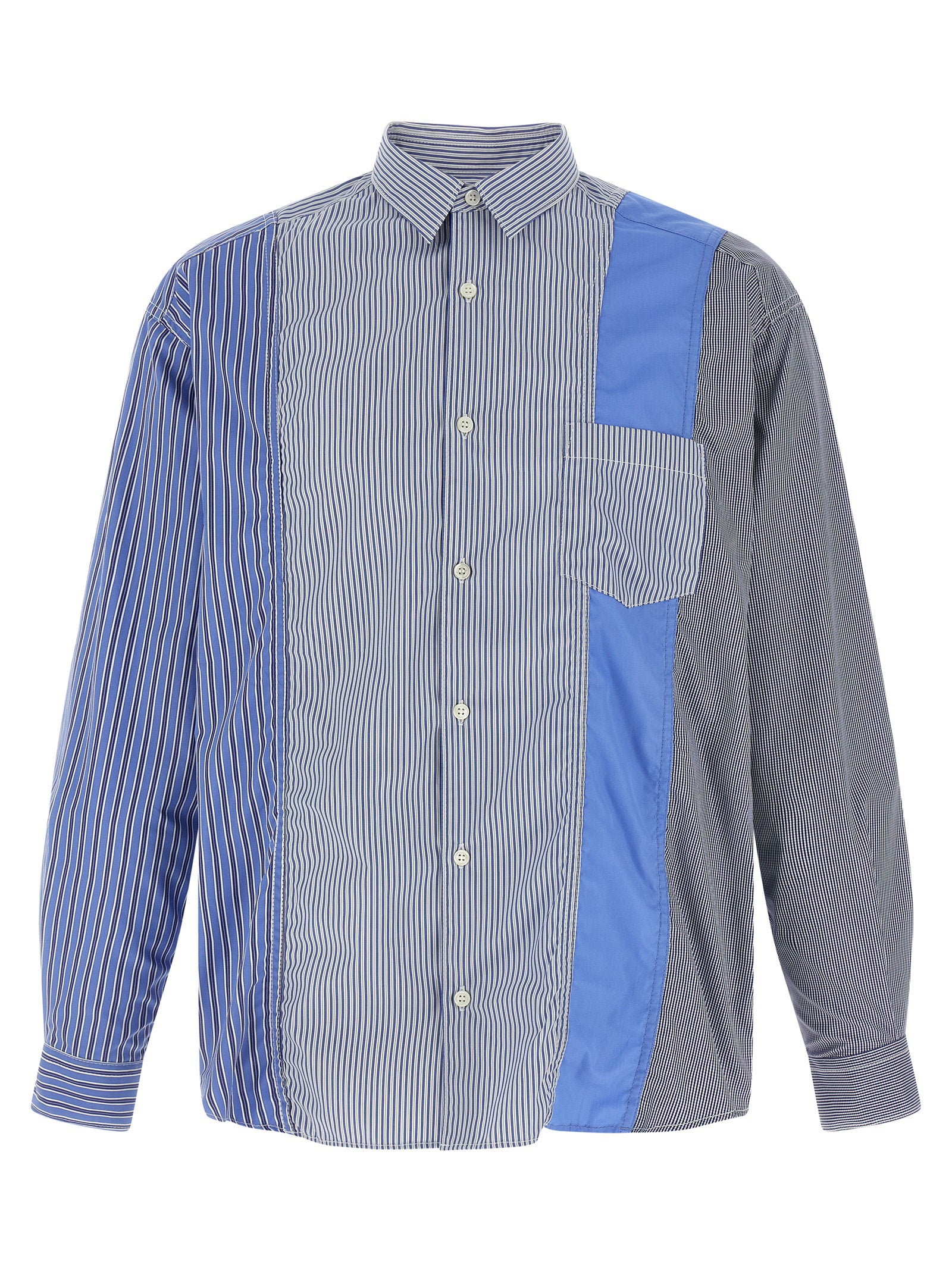 Comme des Garçons Homme Plus Patchwork Overhemd in blauw, vooraanzicht met poplin panelen