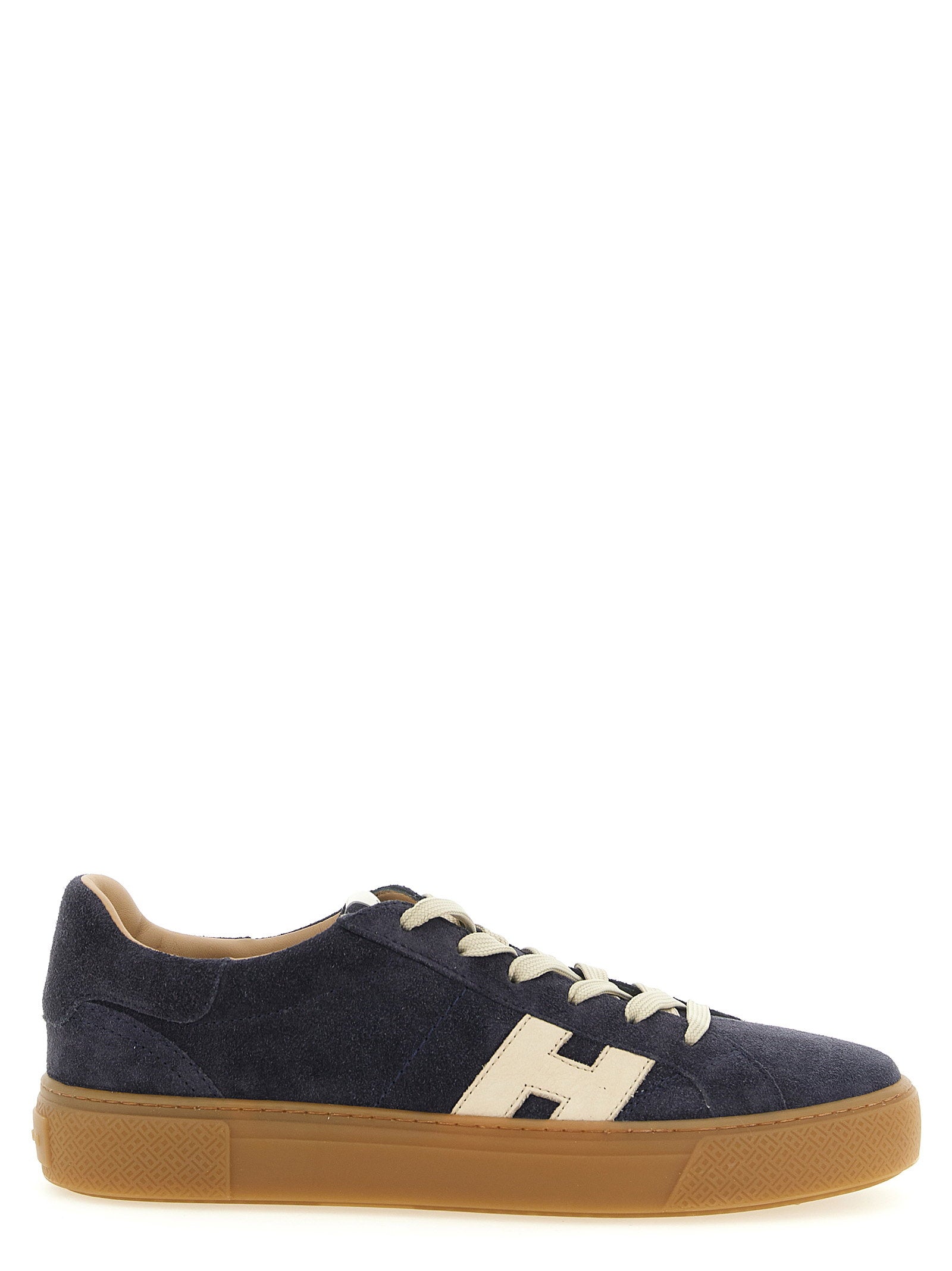 Hogan Crosswind sneaker in donkerblauw suede, zijaanzicht met crème H-logo