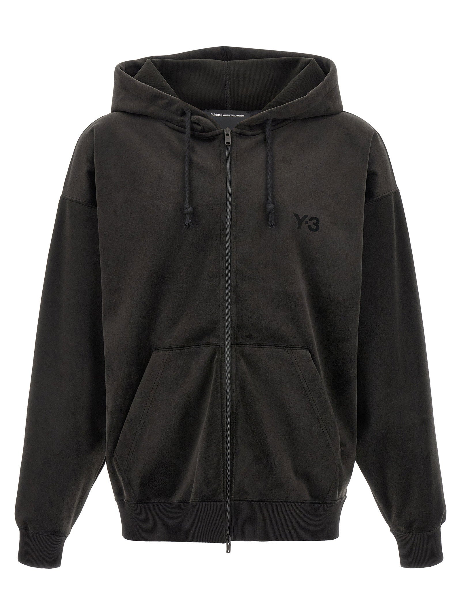 Y-3 velvet corduroy zip hoodie zwart, vooraanzicht met capuchon