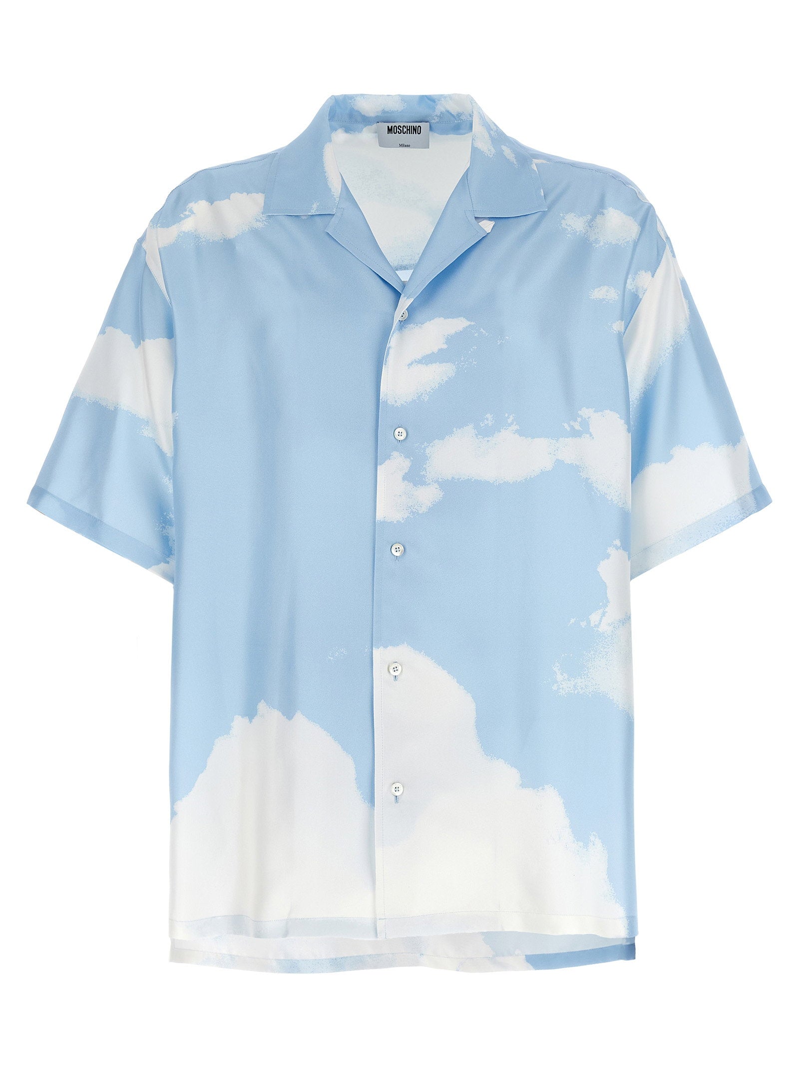 Moschino Archive Clouds zijden overhemd in azuurblauw, vooraanzicht