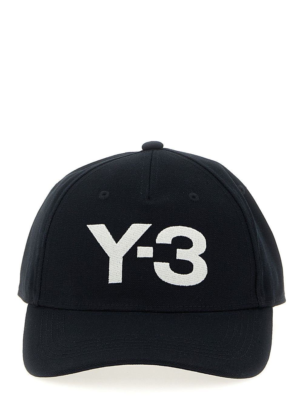 Zwarte Y-3 cap met groot wit geborduurd Y-3-logo, vooraanzicht