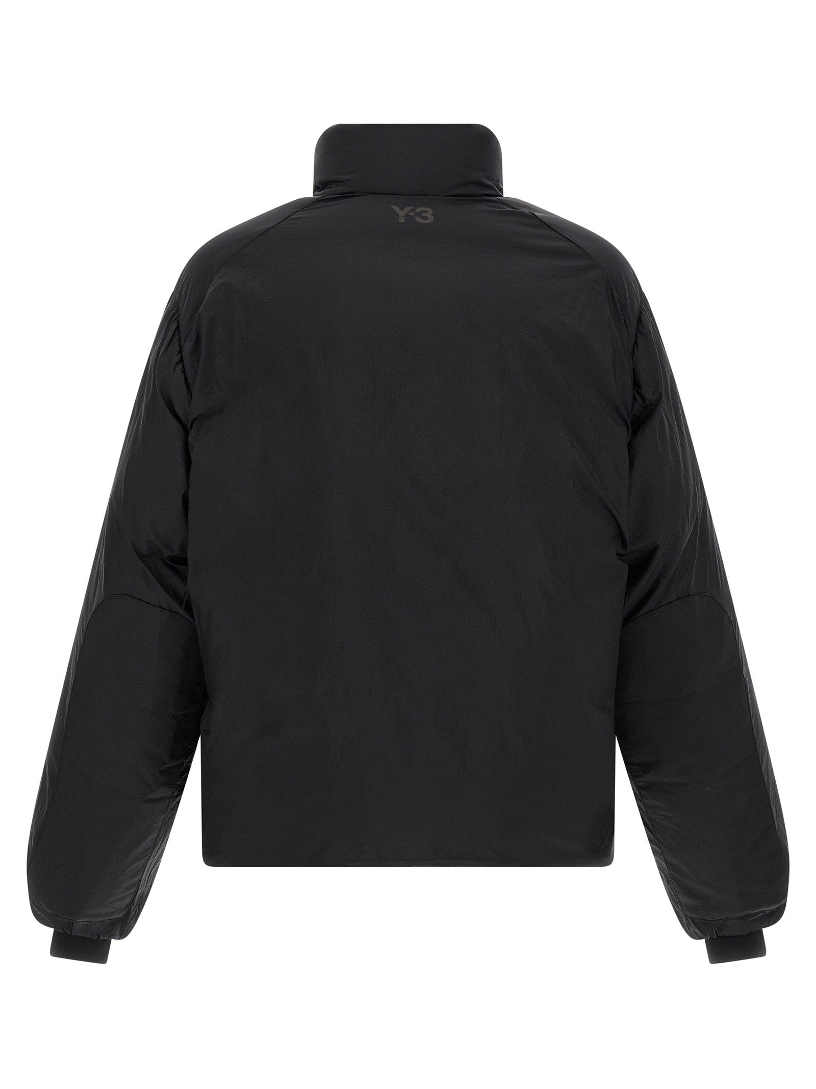 Y-3 Puffer Down Jacket zwart, close-up staande kraag en voorrits