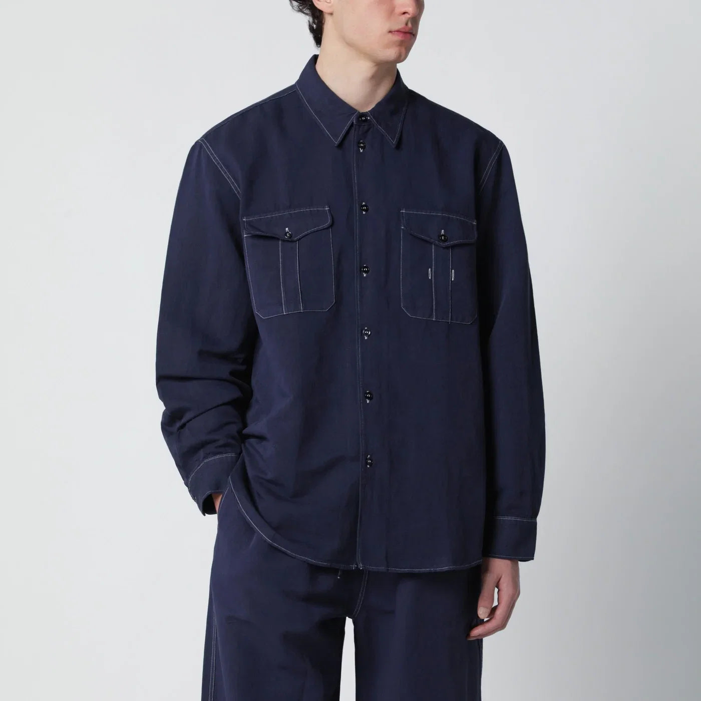 STUDIO NICHOLSON Louro shirt indigo blue in cotton and linen Shirts Studio Nicholson