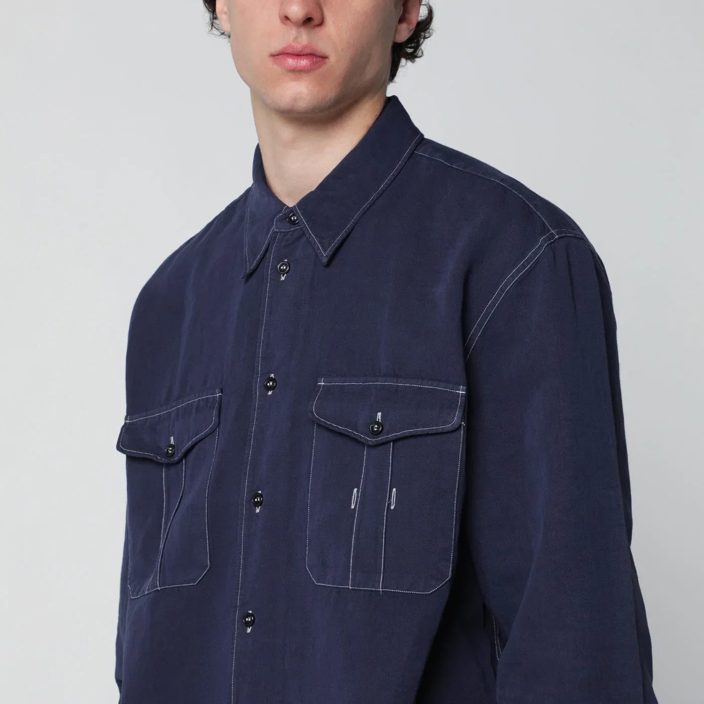STUDIO NICHOLSON Louro shirt indigo blue in cotton and linen Shirts Studio Nicholson