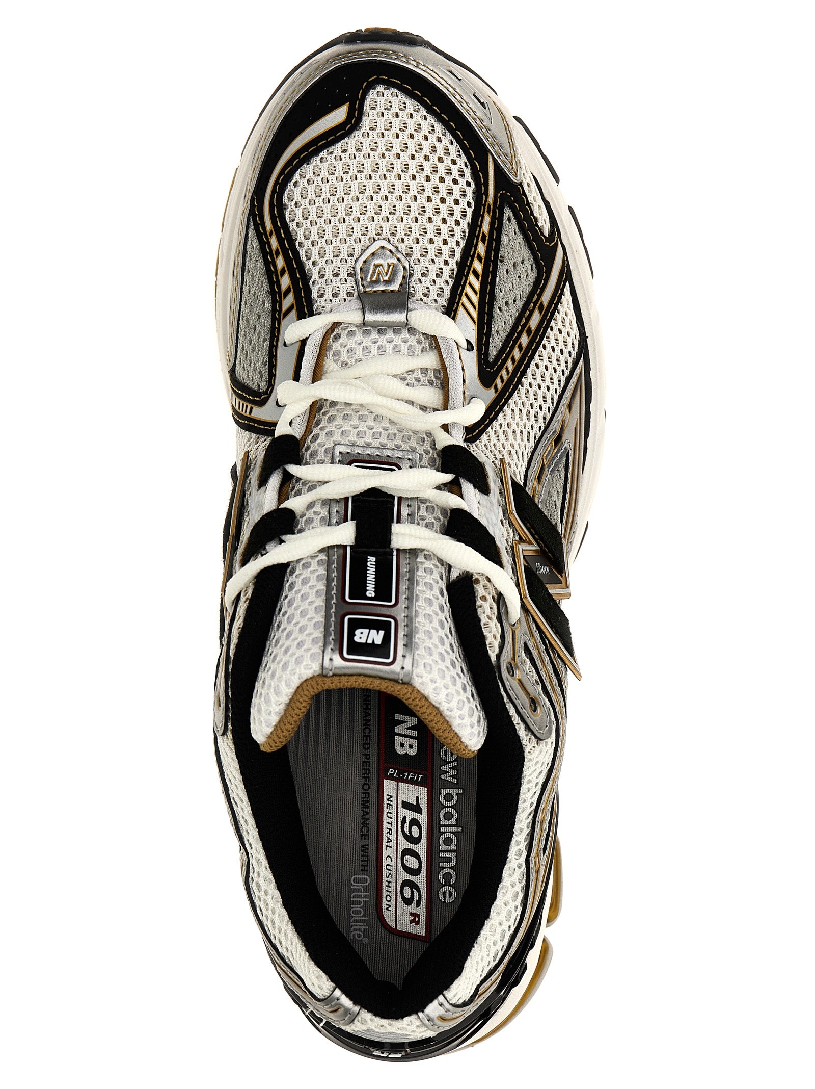Bovenaanzicht van de New Balance 1906R met witte veters en mesh bovenwerk