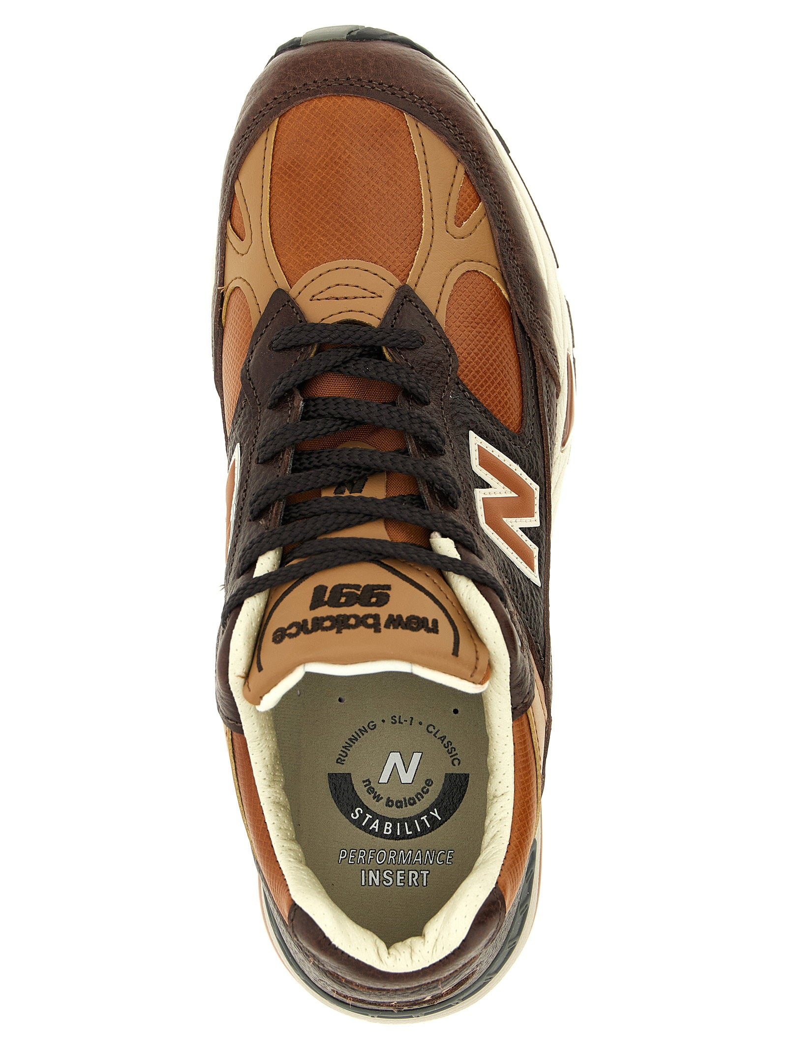 New Balance Made in UK 991v1 bovenaanzicht met bruine veters