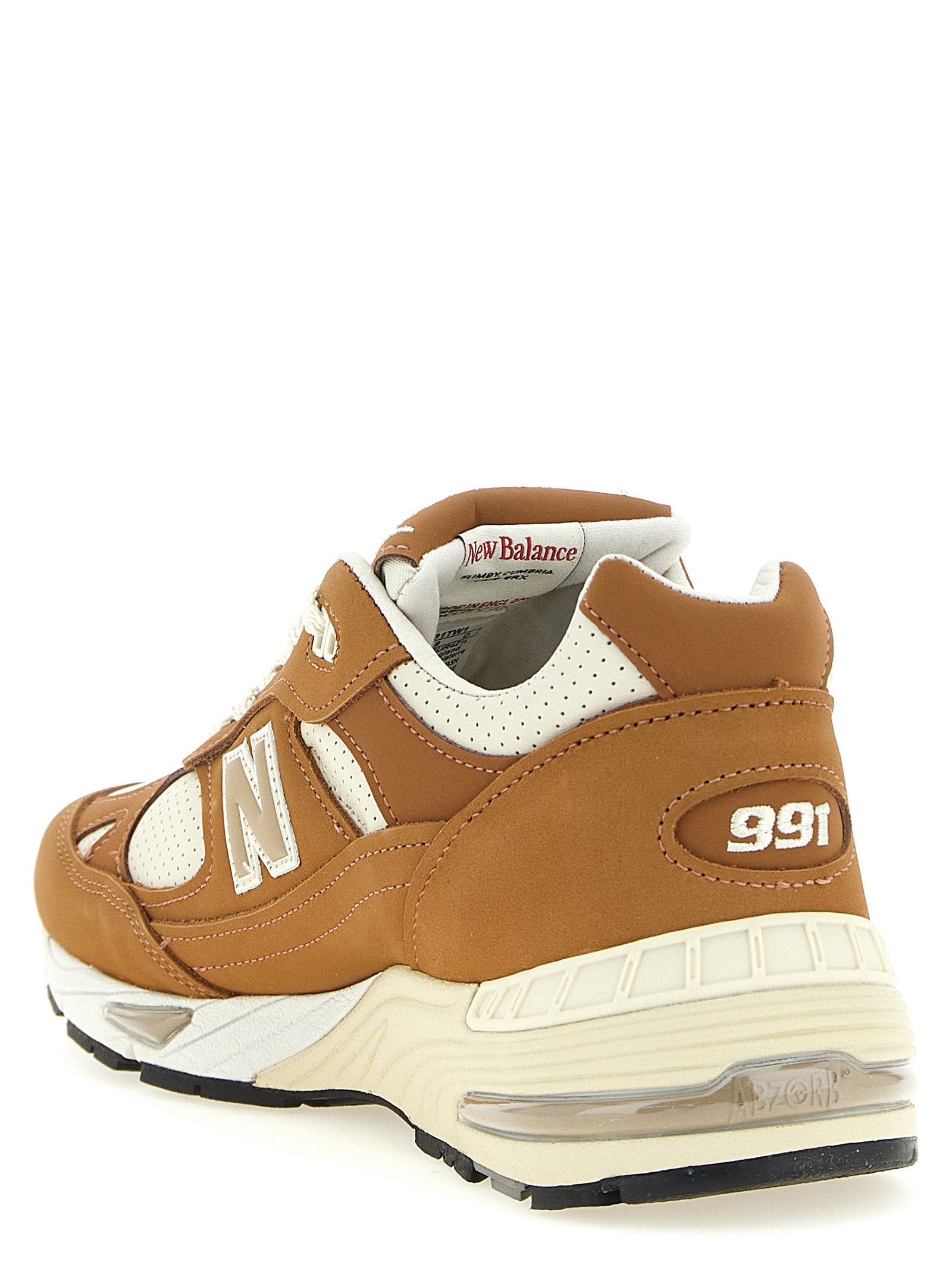 New Balance 991v1 Made in UK sneaker Chipmunk Birch, detail van het zijlogo