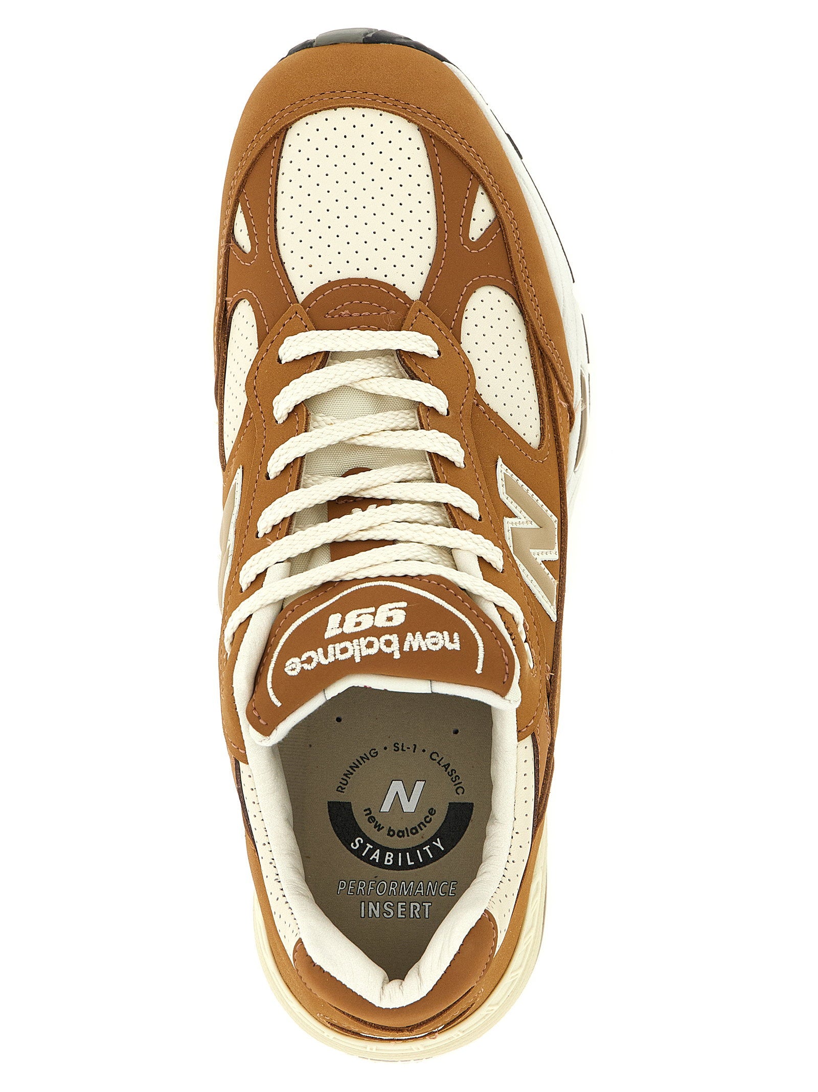 New Balance 991v1 Made in UK sneaker Chipmunk Birch, achteraanzicht met zool