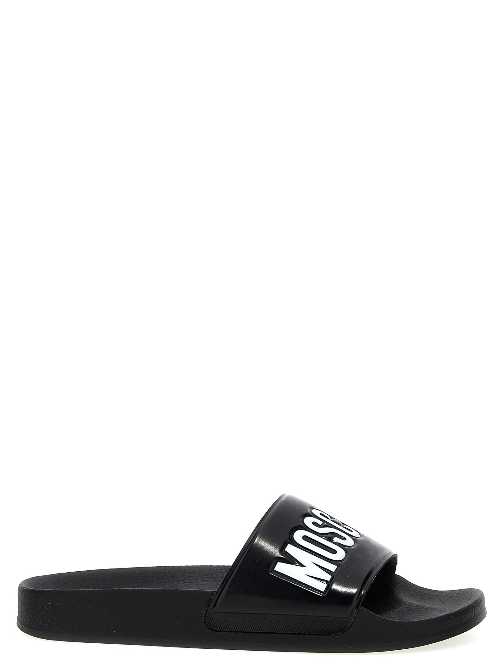 Moschino Logo pool slide zwart wit zijaanzicht