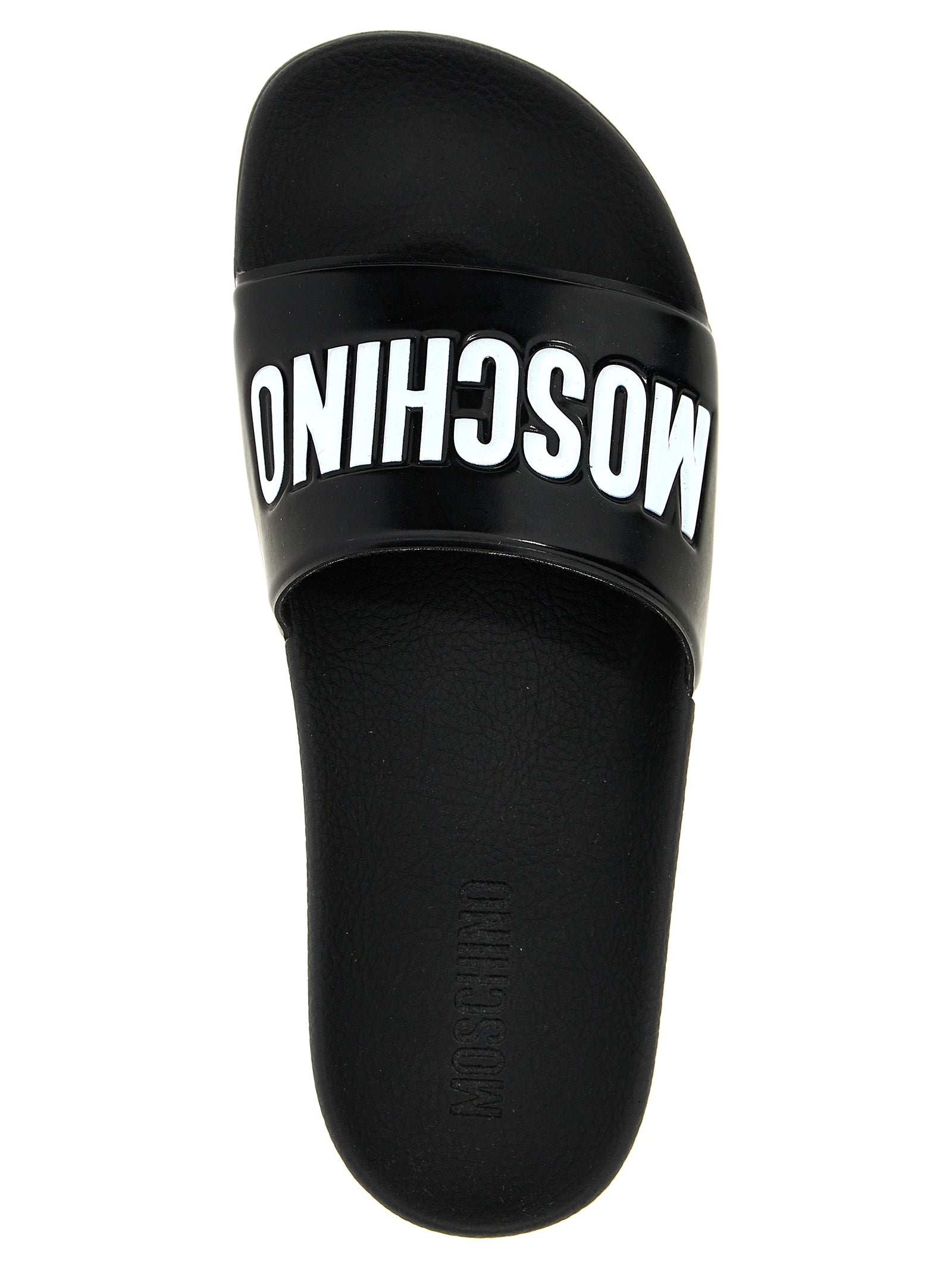 Moschino Logo pool slide zwart wit bovenaanzicht