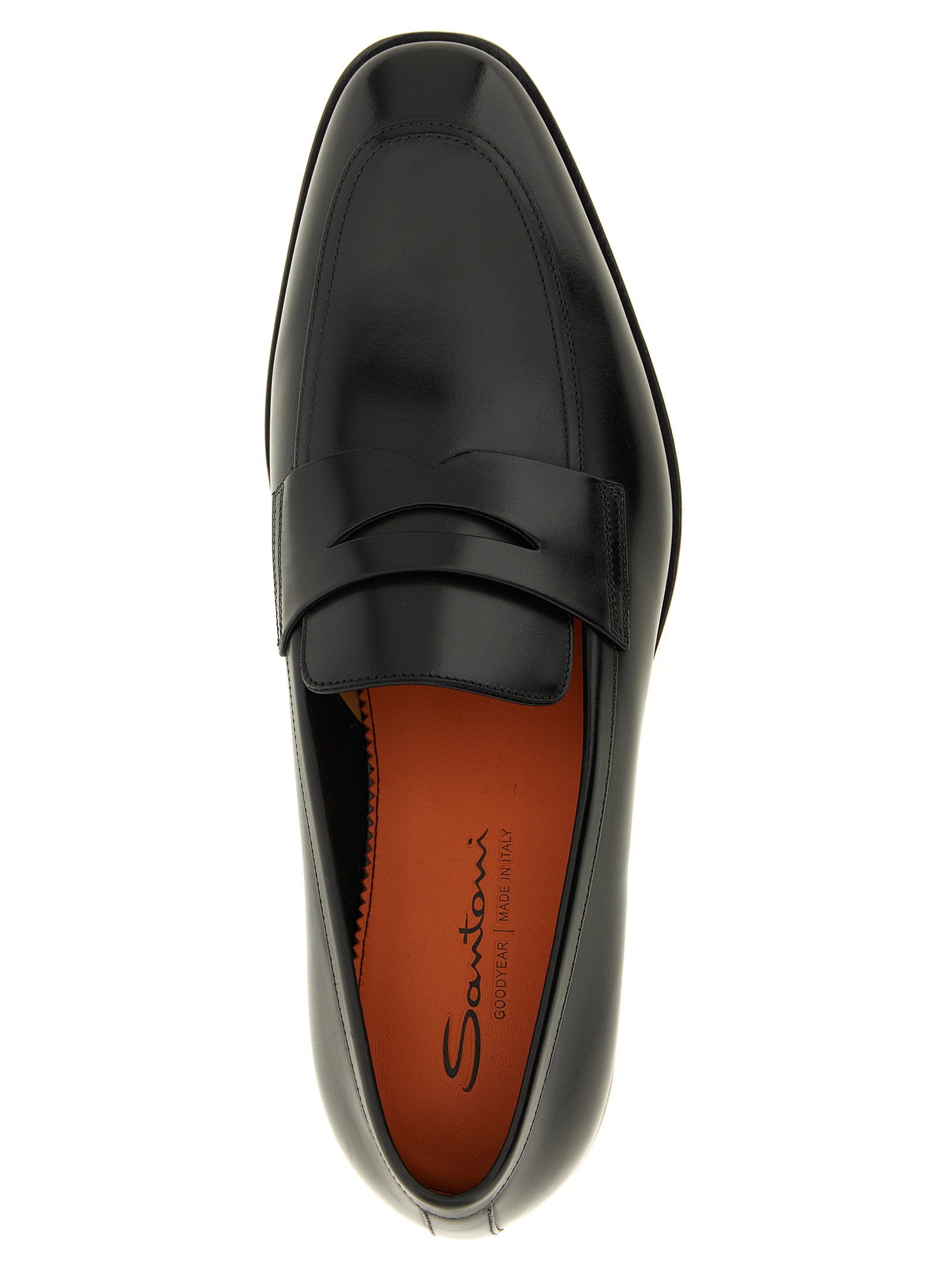 Santoni Gregor penny loafer zwart - bovenaanzicht met Santoni-branding op de binnenzool