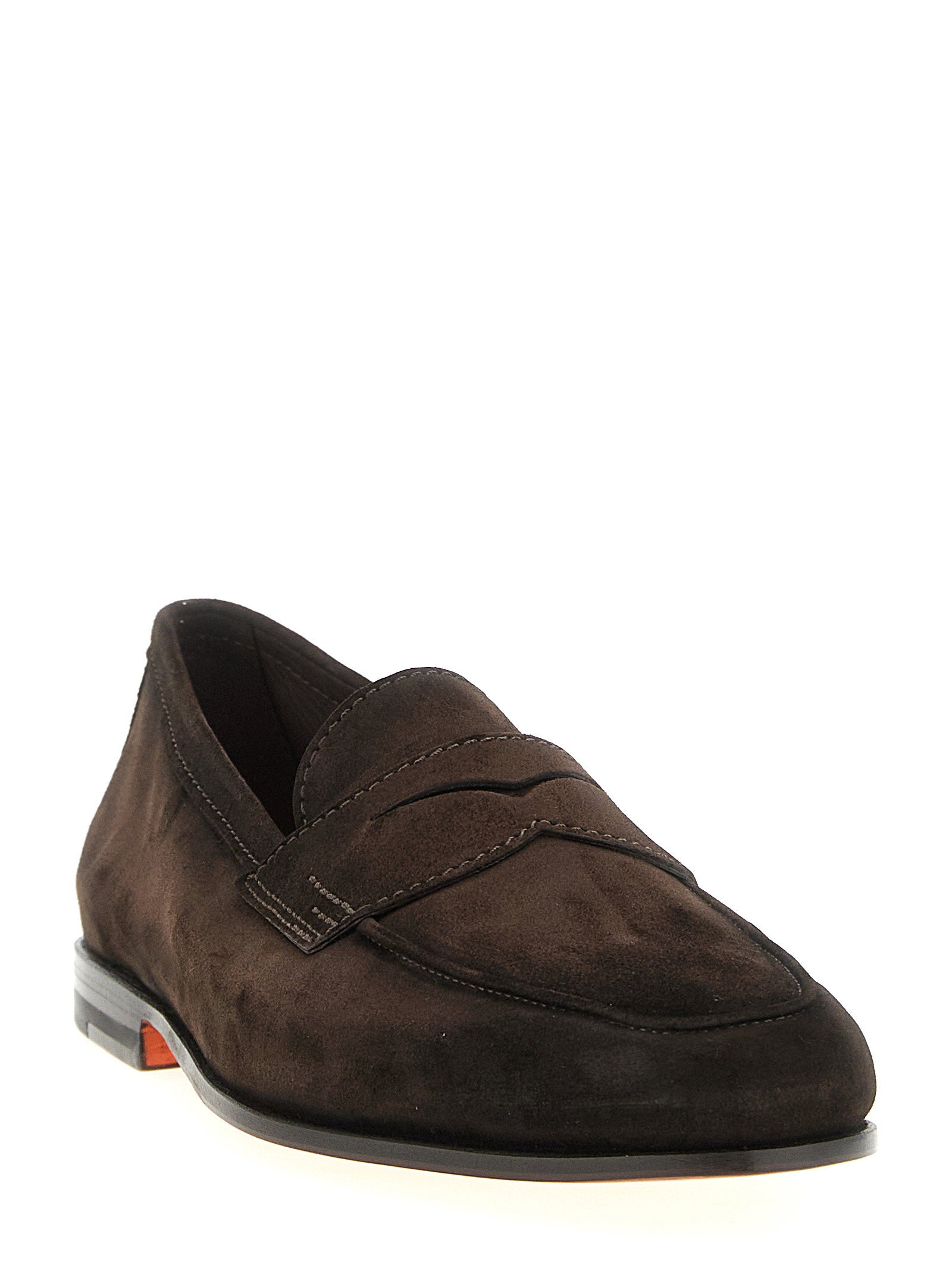 Santoni Carlos Kalfssuède Penny Loafers met Zadelband in Donkerbruin-thumbmail-2