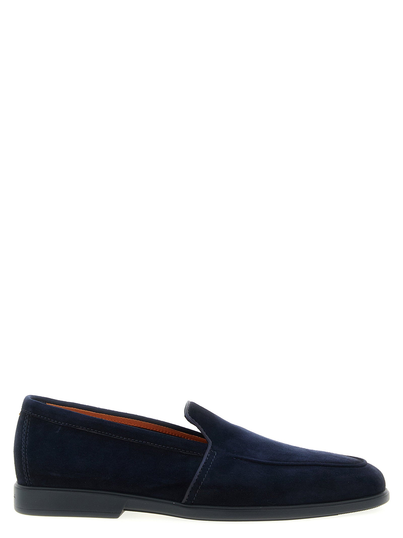 Santoni Malibù loafer in blauw suède, vooraanzicht