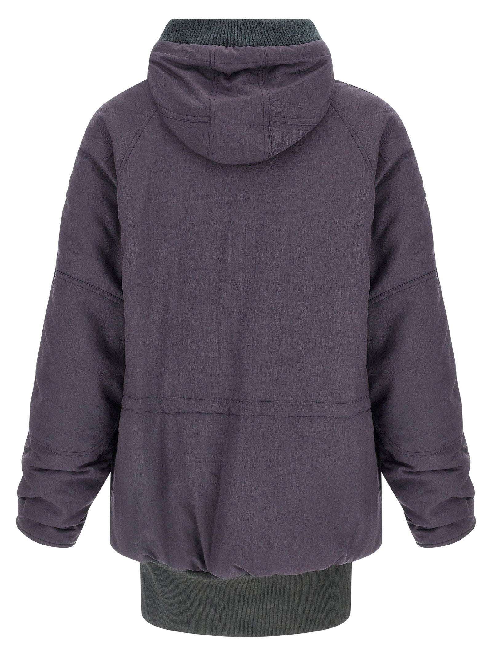 Magliano Kenny parka aubergine - achteraanzicht met capuchon en zichtbaar groen breisel bij de zoom
