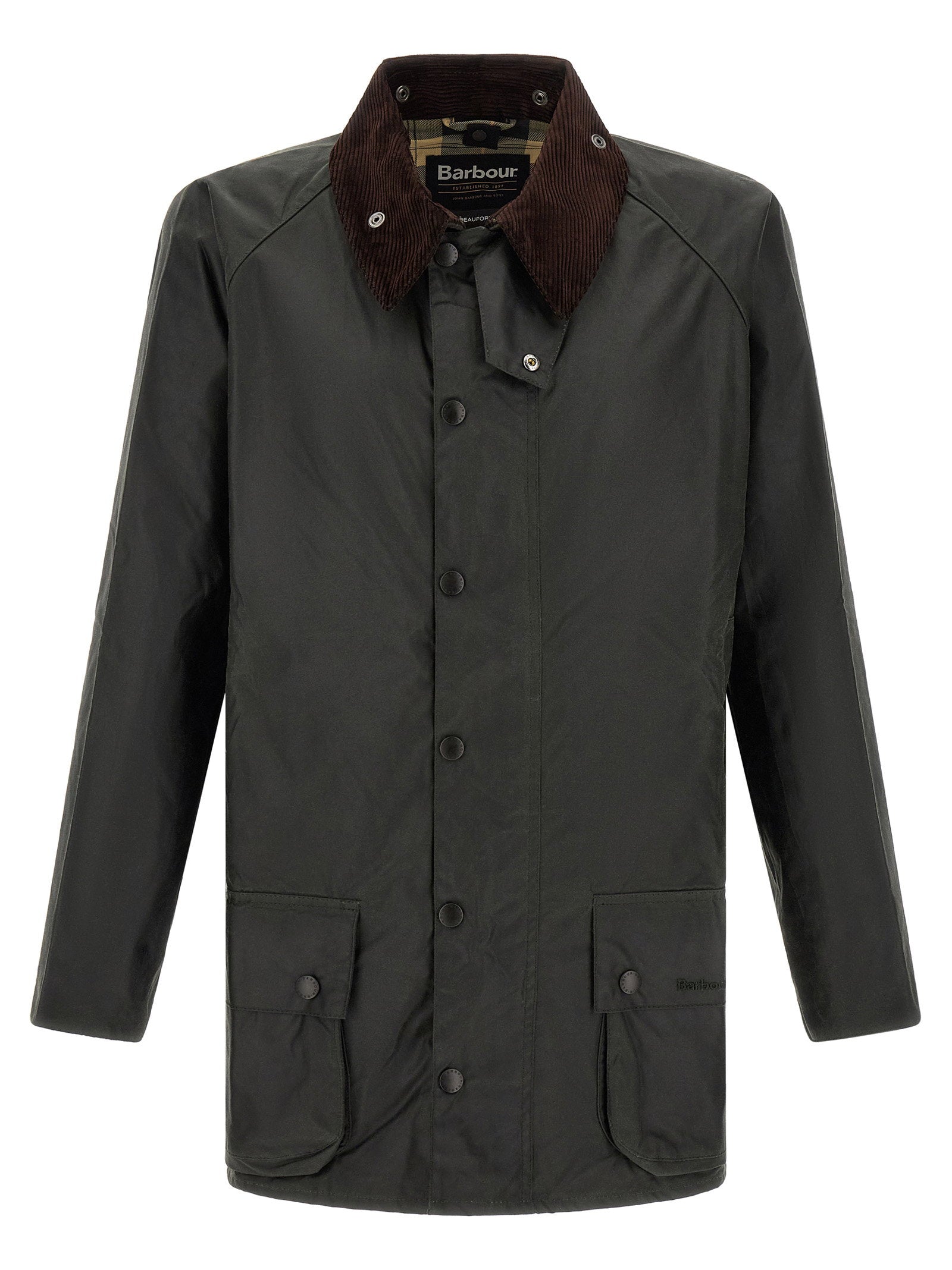 Barbour Beaufort waxjack groen, vooraanzicht met corduroy kraag