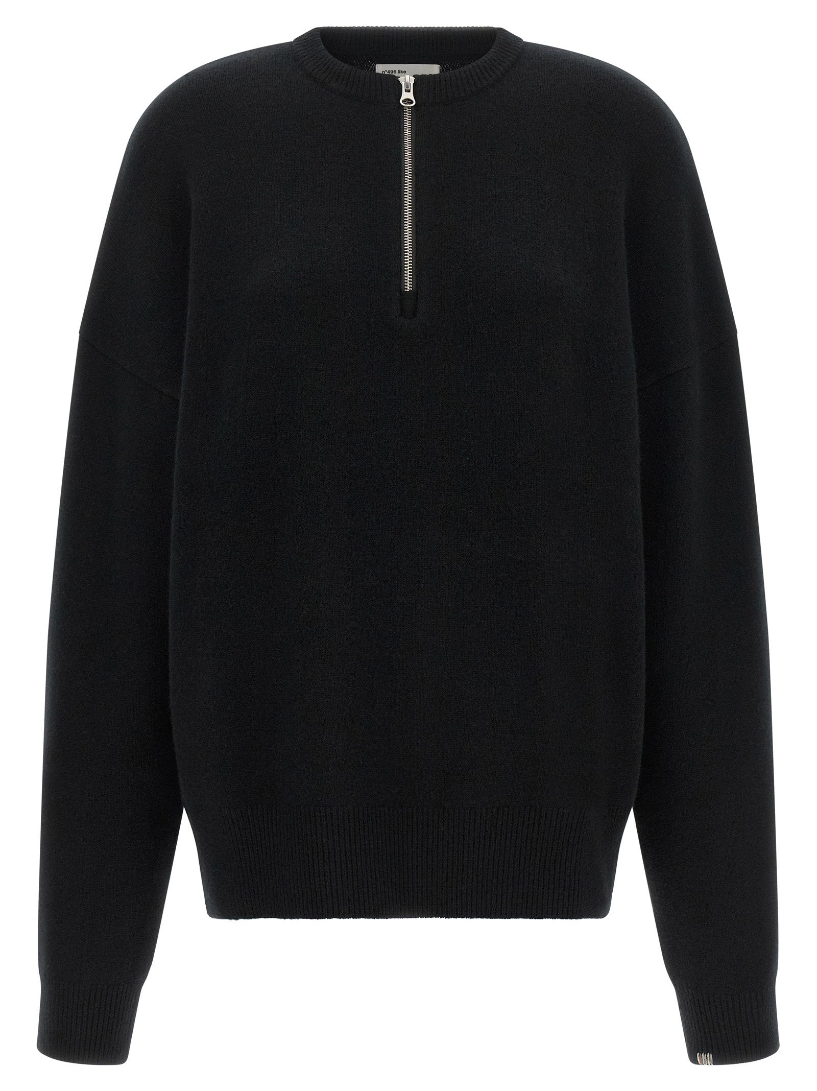 Extreme Cashmere N°496 Like trui in zwart, vooraanzicht met geribbelde hals en halve rits